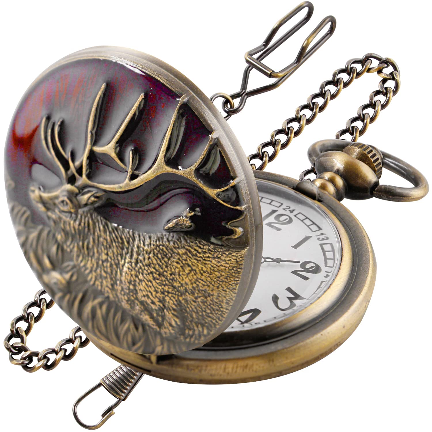 Realpoo Carved Animal Design Pocket Watch for Men with Waist Chain Classic PH001-US