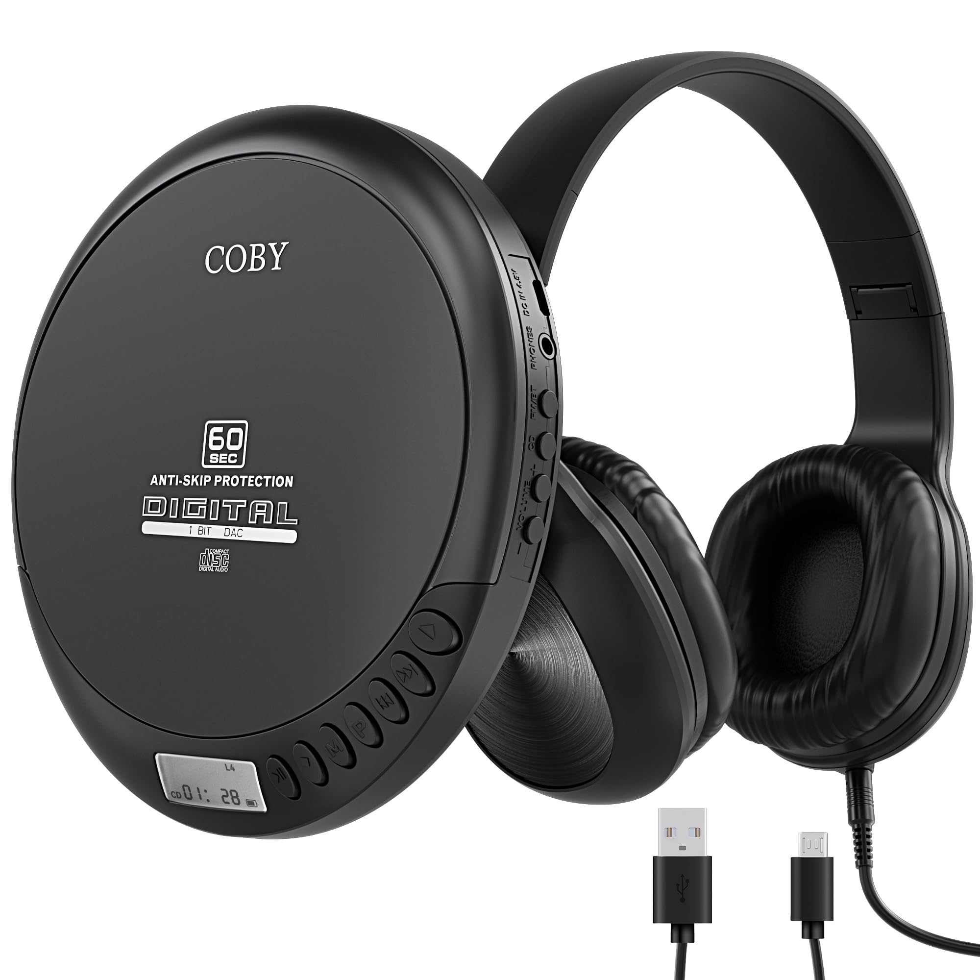 Coby Portable CD Player with MP3 Playback and FM Radio, 60-Second Anti-Skip Protection, Foldable Wired Headphones, Compact Retro Discman Music Player
