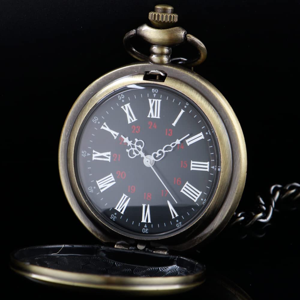 Tiong Customizable Smooth Pocket Watch Personalized Engraved Watches for Men with Chain Bronze Black Quartz Movement - View 3 of 7