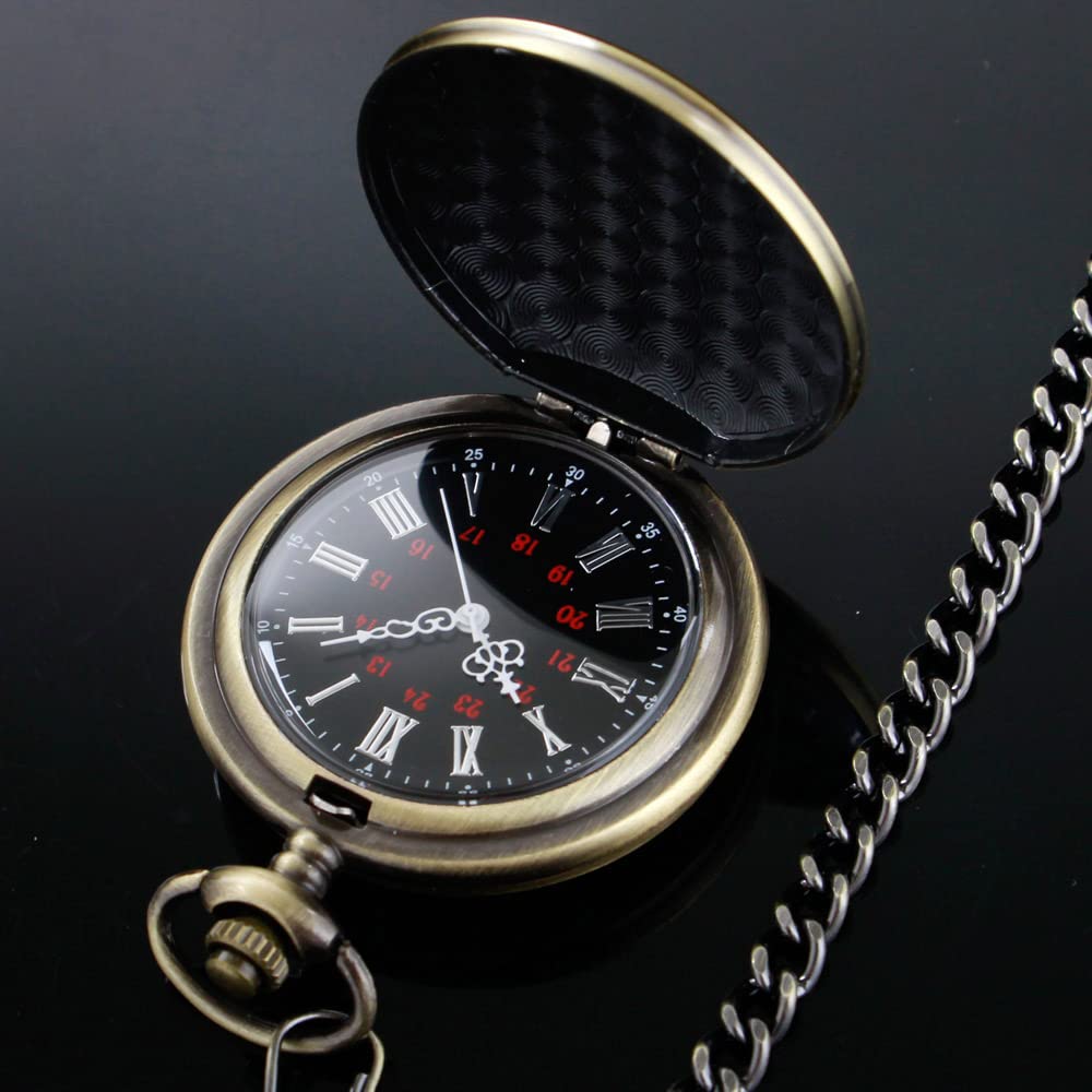 Tiong Customizable Smooth Pocket Watch Personalized Engraved Watches for Men with Chain Bronze Black Quartz Movement - View 4 of 7