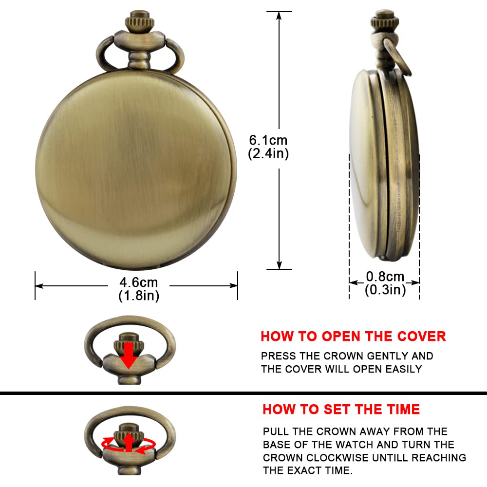 Tiong Customizable Smooth Pocket Watch Personalized Engraved Watches for Men with Chain Bronze Black Quartz Movement - View 6 of 7