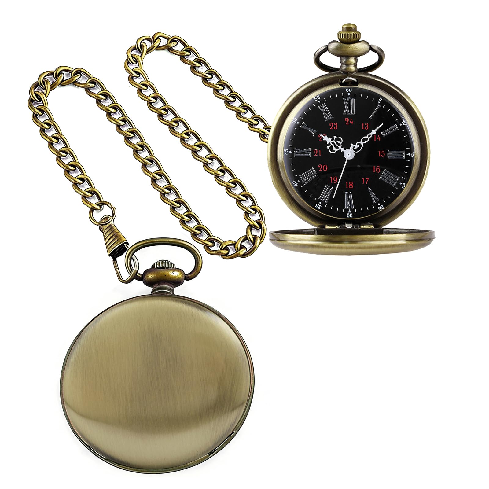 Tiong Customizable Smooth Pocket Watch Personalized Engraved Watches for Men with Chain Bronze Black Quartz Movement