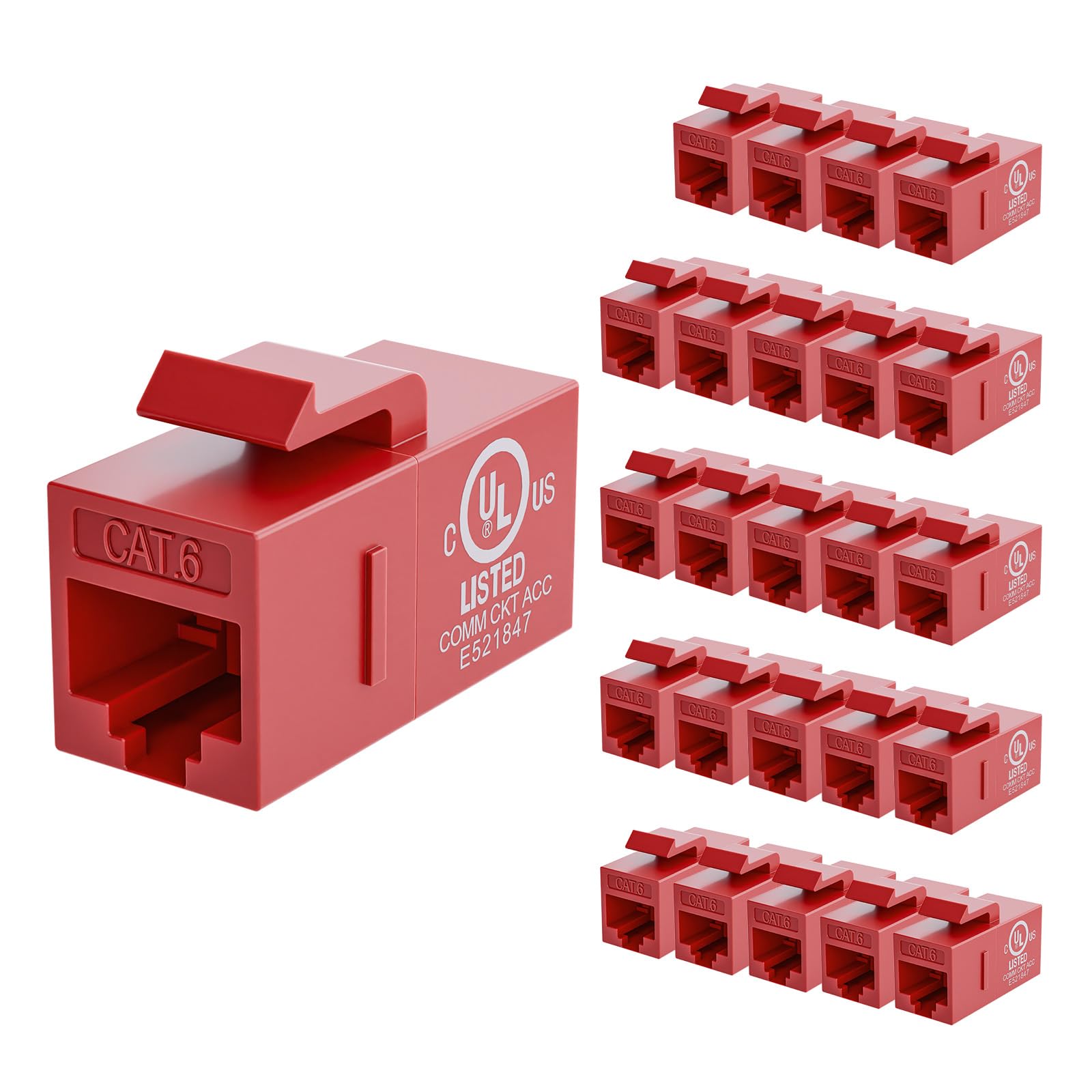 VCE UL-Listed CAT6 Keystone Coupler 25-Pack, Ethernet Coupler Female to Female, RJ45 Coupler for CAT6 CAT5e CAT5, Keystone Jack, Red