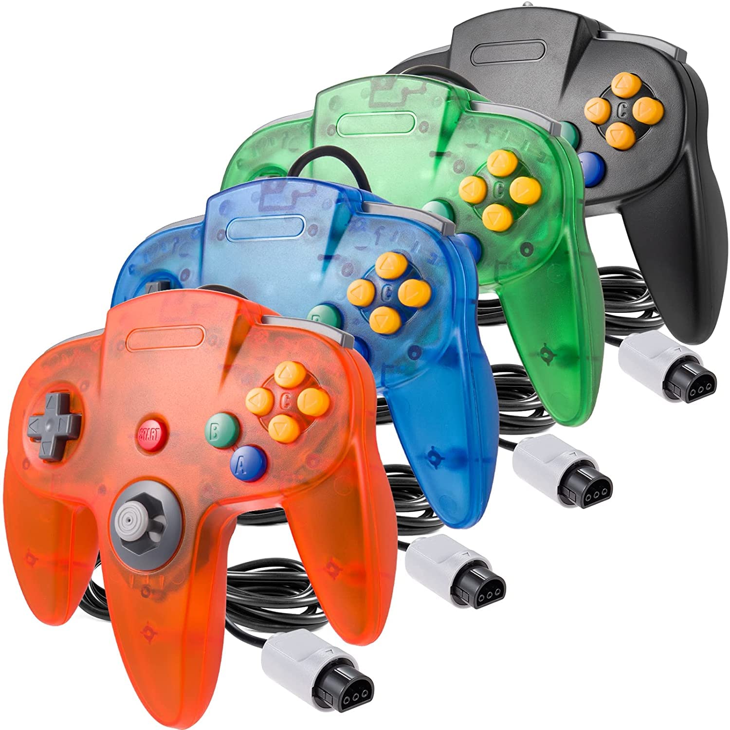 miadore 4 Pack Classic 64 Controller, Wired N64 Controllers with Upgraded Joystick (Non PC USB Version) (Black Clear Green Clear Blue Clear Orange)