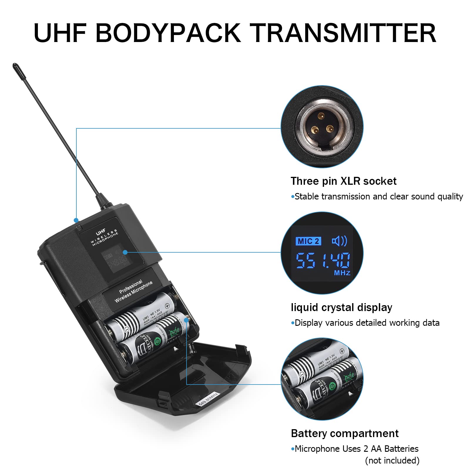 MicrocKing UHF Wireless Microphone System Cordless Lapel Headset Lavalier Mic(4 Bodypacks), Fixed Frequency, Long Range 400ft, Ideal for Party Church - View 4 of 9