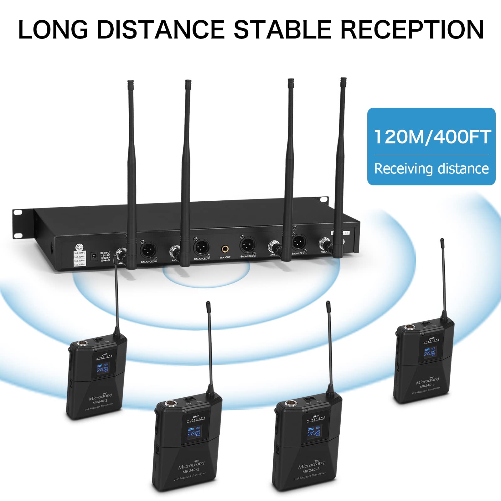MicrocKing UHF Wireless Microphone System Cordless Lapel Headset Lavalier Mic(4 Bodypacks), Fixed Frequency, Long Range 400ft, Ideal for Party Church - View 5 of 9