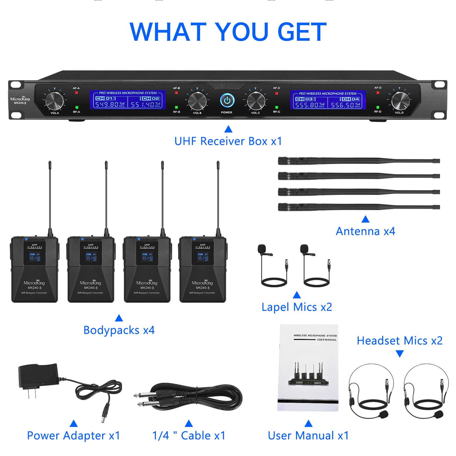 MicrocKing UHF Wireless Microphone System Cordless Lapel Headset Lavalier Mic(4 Bodypacks), Fixed Frequency, Long Range 400ft, Ideal for Party Church - View 7 of 9