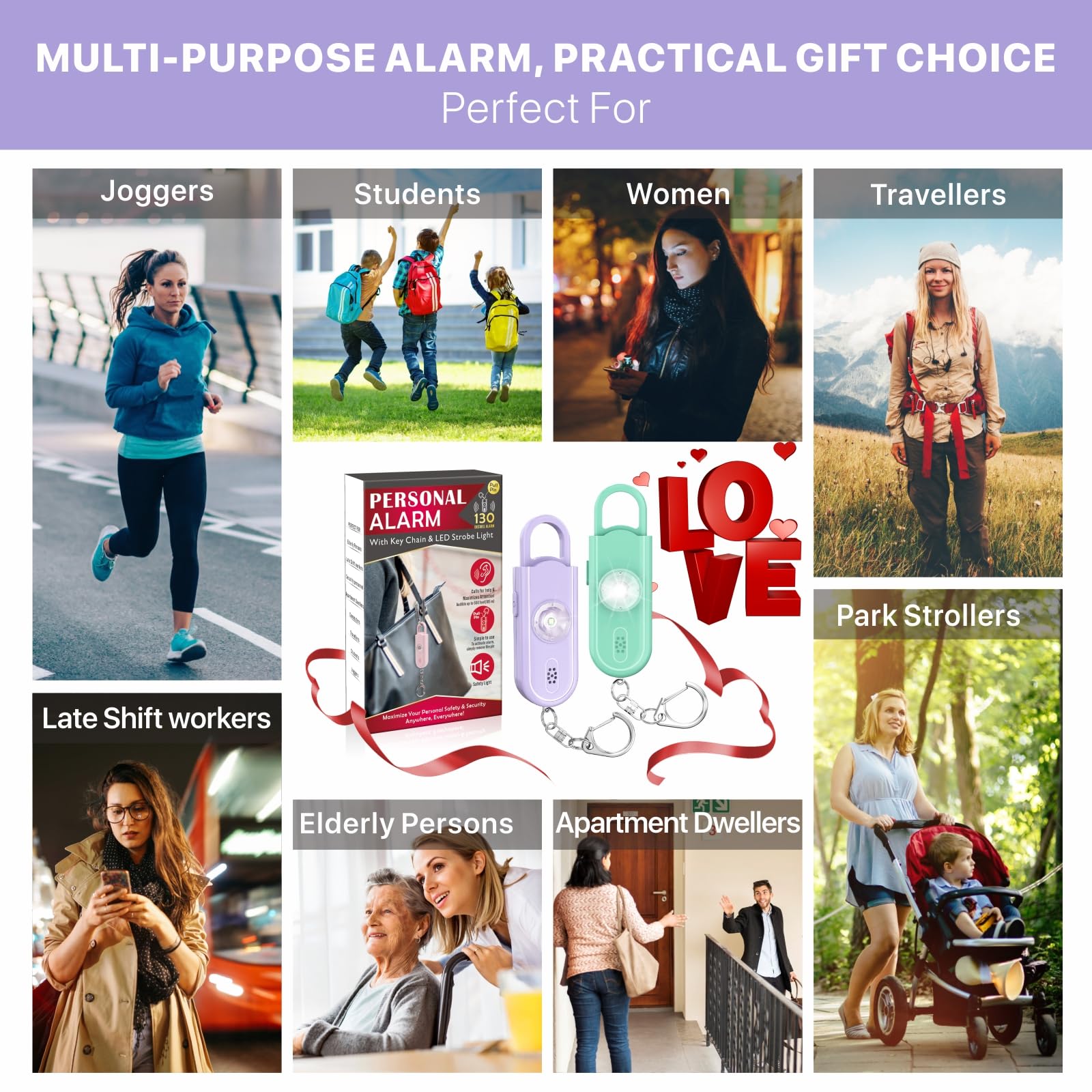 VIGOROAD Safe Sound Personal Alarm 2 Pack 130 dB Loud Siren Emergency Security Keychain with Strobe LED Light for Women Men Children Elderly - View 7 of 7