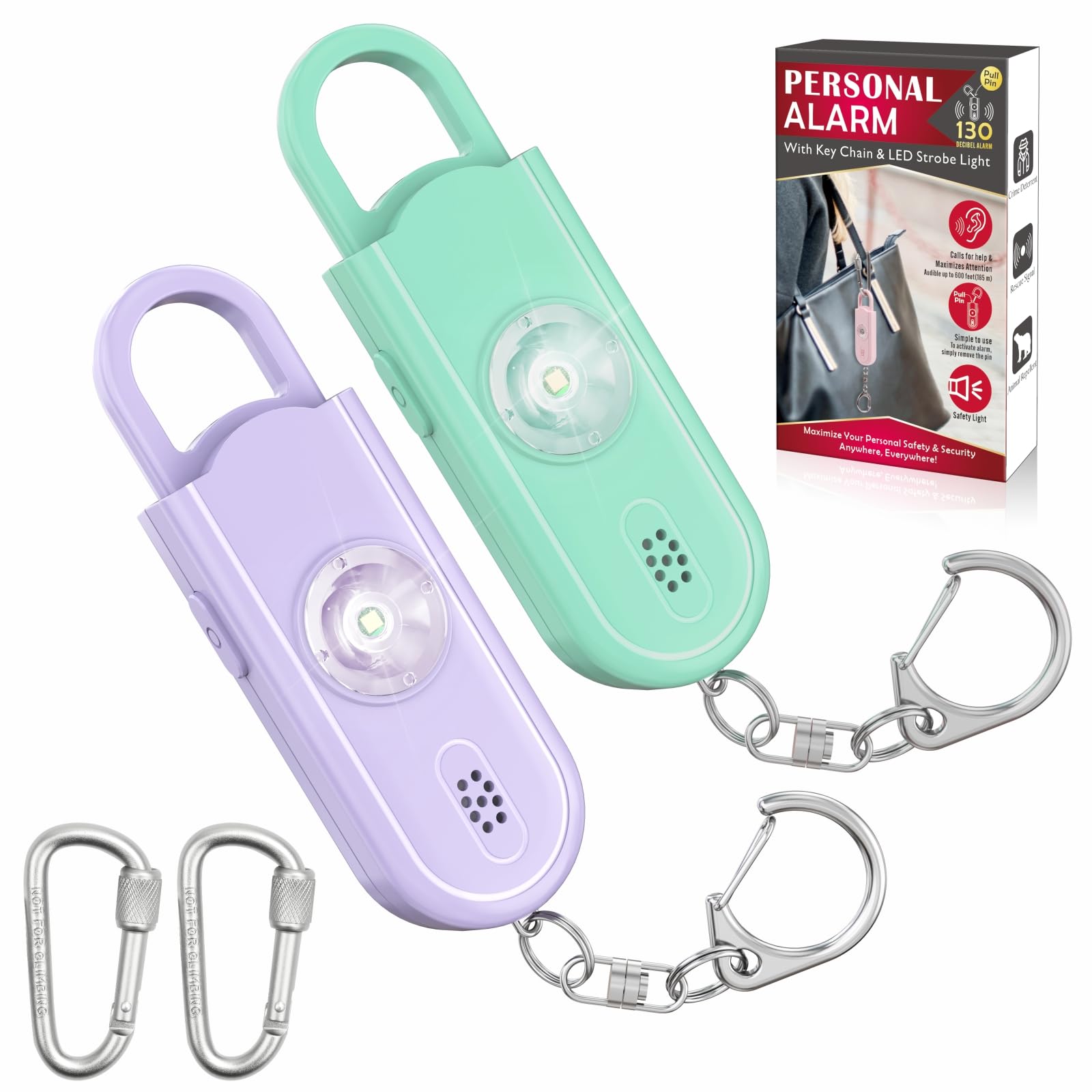 Safe Sound Personal Alarm 2 Pack 130 dB Loud Siren Emergency Security Keychain with Strobe LED Light for Women Men Children Elderly