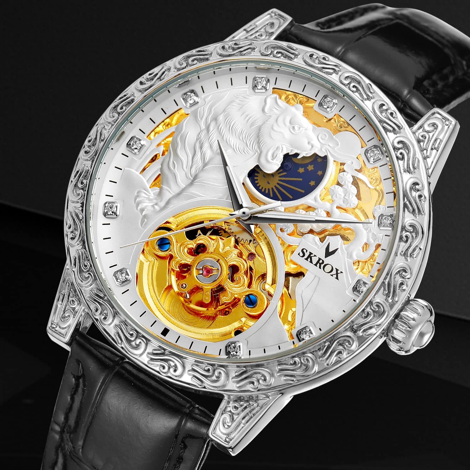 FORSINING Men's Tourbillon Watch Luxury Skeleton Carved Moon Phase Automatic Self-Winding Watches with Genuine Leather Strap (White) - View 2 of 6