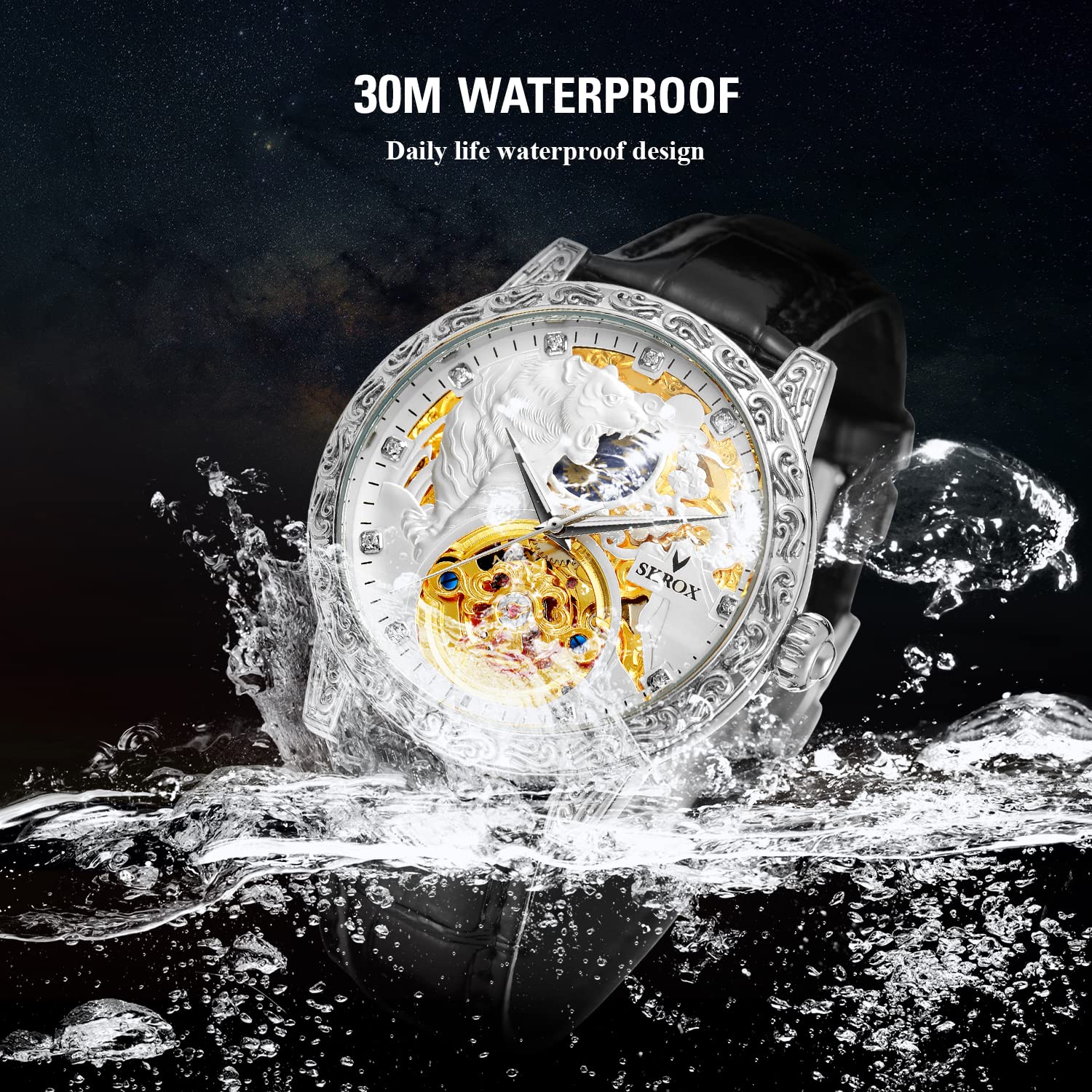 FORSINING Men's Tourbillon Watch Luxury Skeleton Carved Moon Phase Automatic Self-Winding Watches with Genuine Leather Strap (White) - View 4 of 6