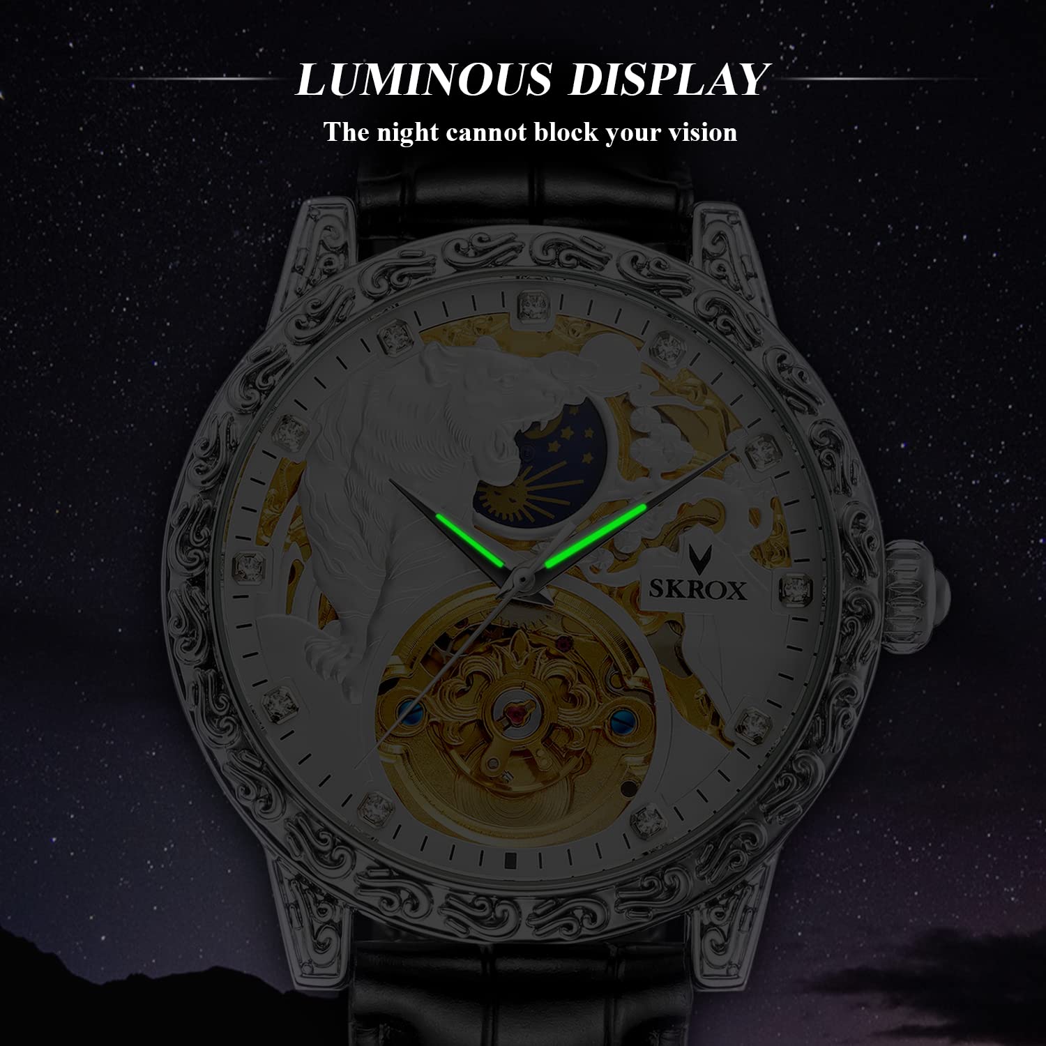 FORSINING Men's Tourbillon Watch Luxury Skeleton Carved Moon Phase Automatic Self-Winding Watches with Genuine Leather Strap (White) - View 5 of 6