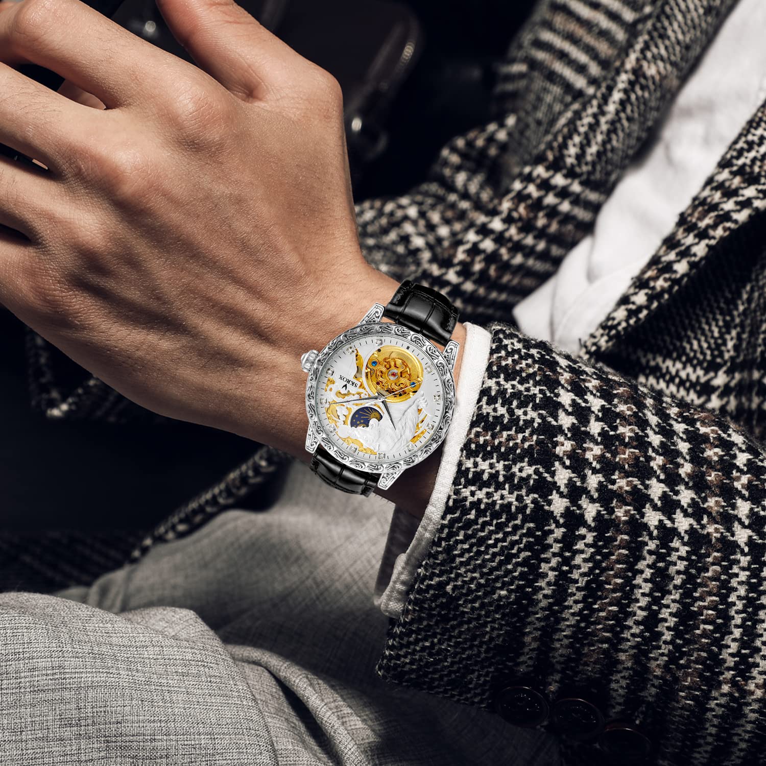 FORSINING Men's Tourbillon Watch Luxury Skeleton Carved Moon Phase Automatic Self-Winding Watches with Genuine Leather Strap (White) - View 6 of 6