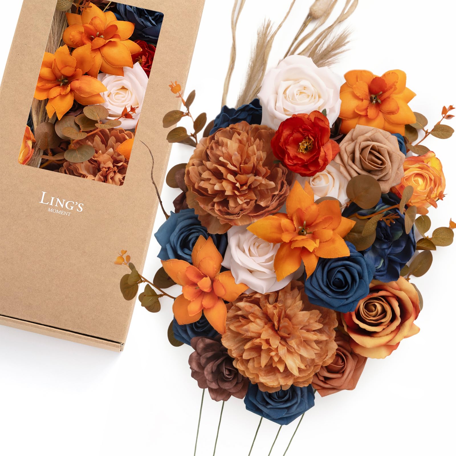 Ling's moment Fake Flowers Box, Faux Artificial Greenery Stems Foam Roses Gardenia Peony Silk Eucalyptus Pampas Fabic Flower for Centerpieces Bouquet