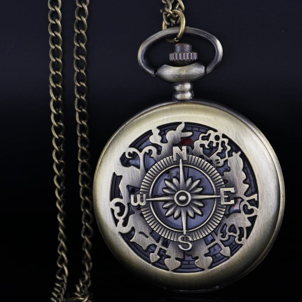 Nostalgia Movie Theme Alloy Quartz Pocket Watch with Chain Necklace Pendant Gift Box Classic Brown Bronze - View 2 of 7