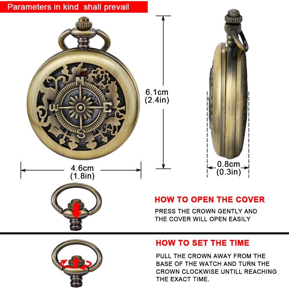 Nostalgia Movie Theme Alloy Quartz Pocket Watch with Chain Necklace Pendant Gift Box Classic Brown Bronze - View 7 of 7