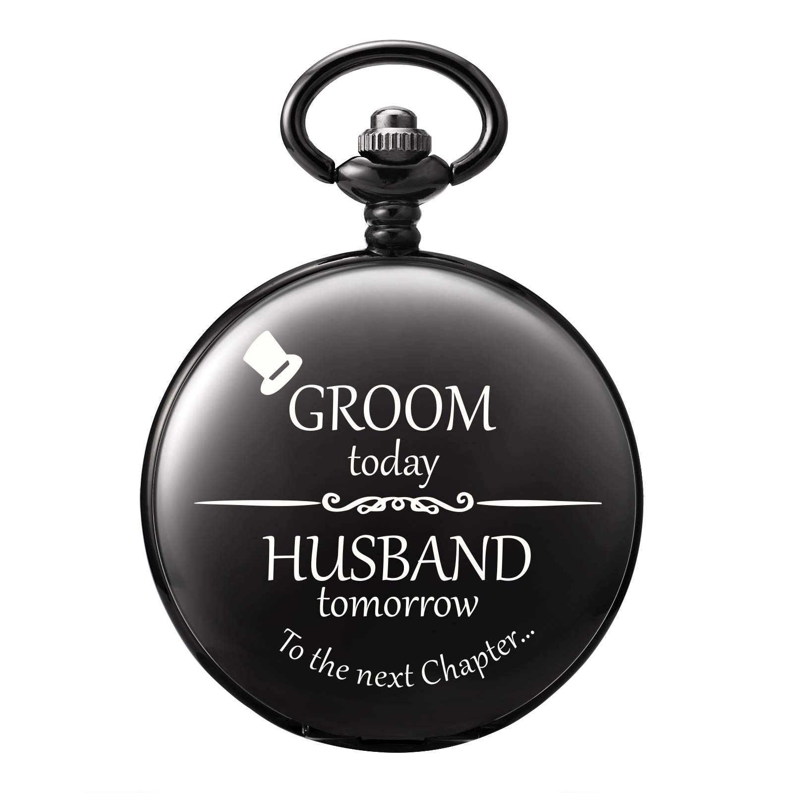 TREEWETO Mens Engraved Pocket Watch Wedding Gift for Groom from Bride Unique Black Pocket Watch for Husband on Wedding Day