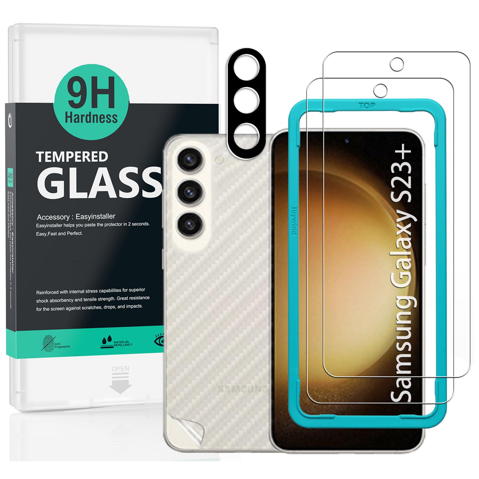 Ibywind Screen Protector for Samsung Galaxy S23+ Galaxy S23 Plus 5G(6.6 Inches),with 2Pcs Tempered Glass,1Pc Camera Lens Protector,1Pc Backing Carbon