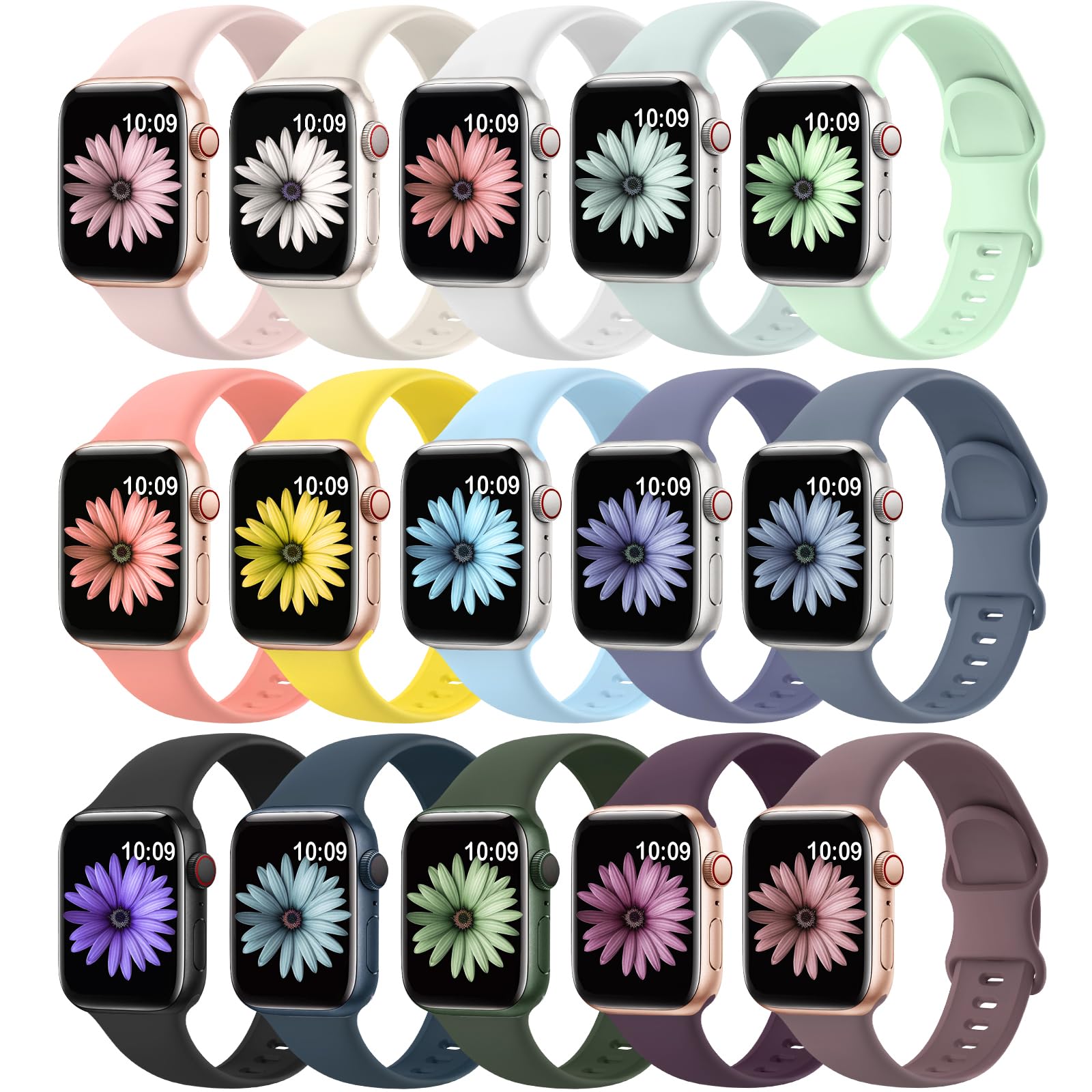 SuperNaNa 15 Pack Soft Silicone Bands for Apple Watch 40mm 41mm 38mm 45mm 44mm 42mm 46mm 49mm Replacement Strap for iWatch SE Series 10 9 8 7 6 5 4 3