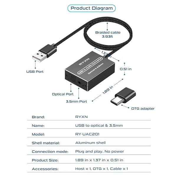 RYXN RYXN USB to Optical SPDIF Toslink & 3.5mm Audio Adapter for PS5, PS4, NS, Laptop & Phone - USB-A & USB-C Compatible - View 9 of 9