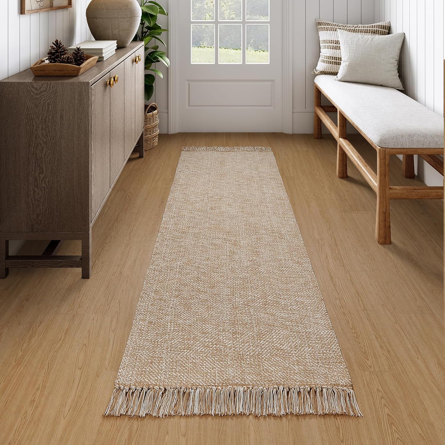 Collive Collive Long Hallway Runner Rug 2.6 x 7 Washable Indoor Entryway Tan Cream Braided Woven Low Profile Carpet for Laundry Room Bedroom Doorway
