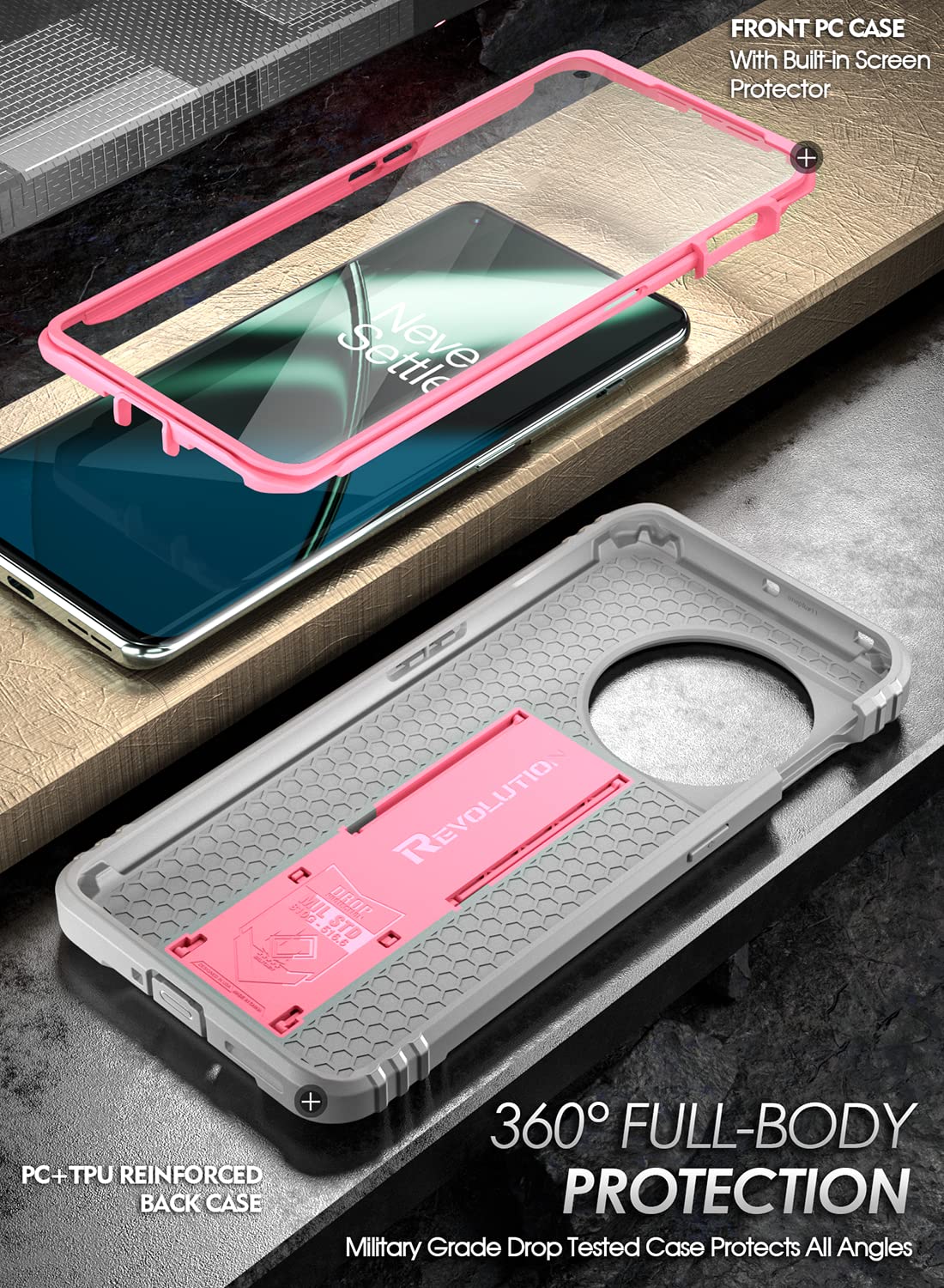 Poetic Poetic Revolution Case for OnePlus 11 5G Rugged Dual-Layer Shockproof Cover with Kickstand and Screen Protector Light Pink - View 2 of 6