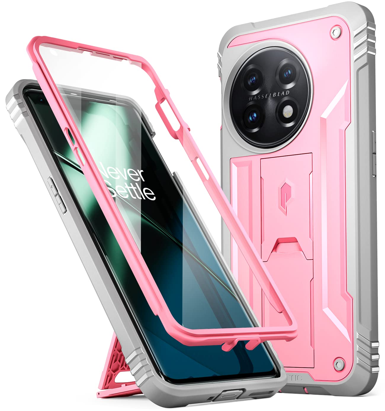 Poetic Revolution Case for OnePlus 11 5G Rugged Dual-Layer Shockproof Cover with Kickstand and Screen Protector Light Pink