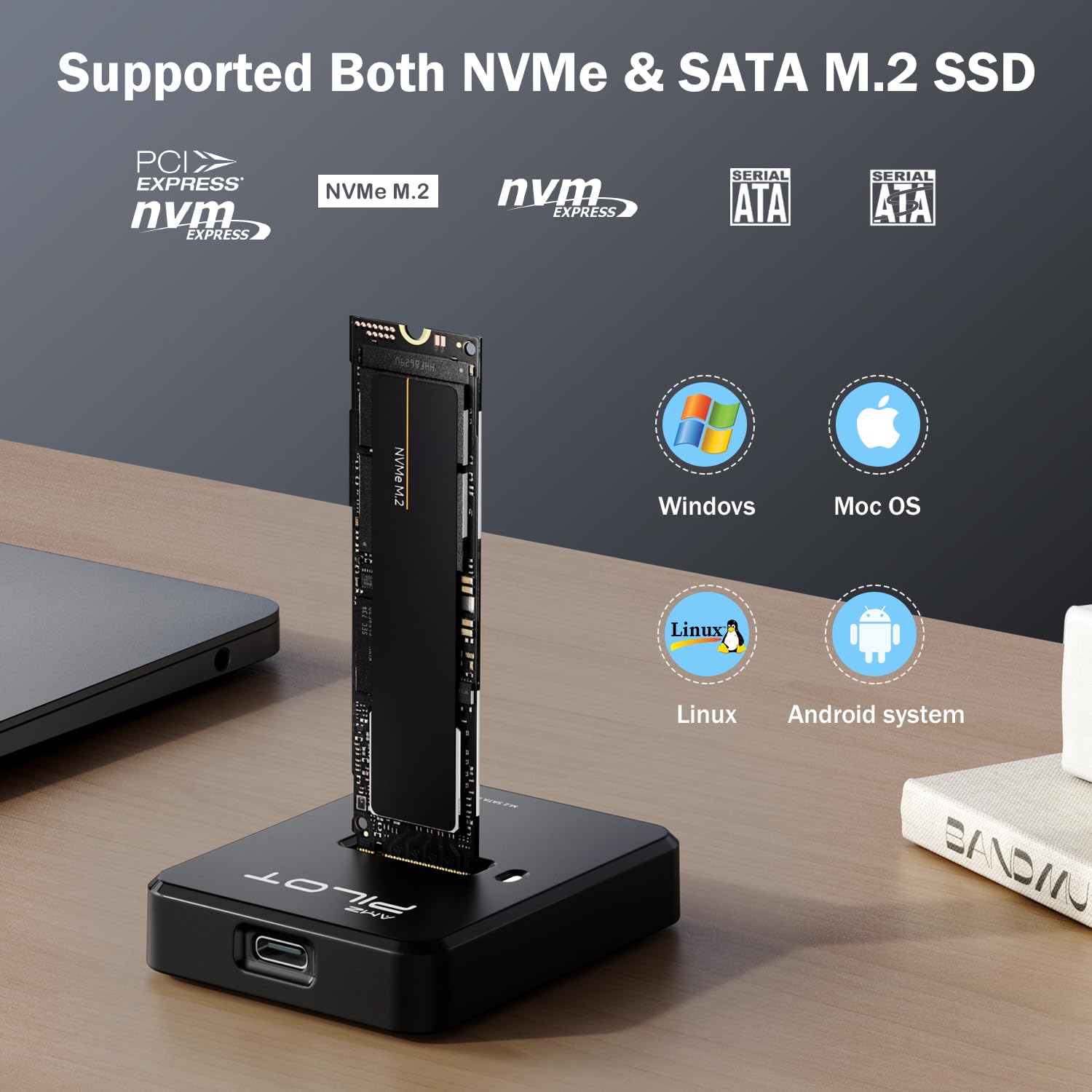 AMZPILOT M.2 NVMe SATA to USB C Docking Station Adapter for 2280 2260 2242 2230 22110 SSDs - View 2 of 7