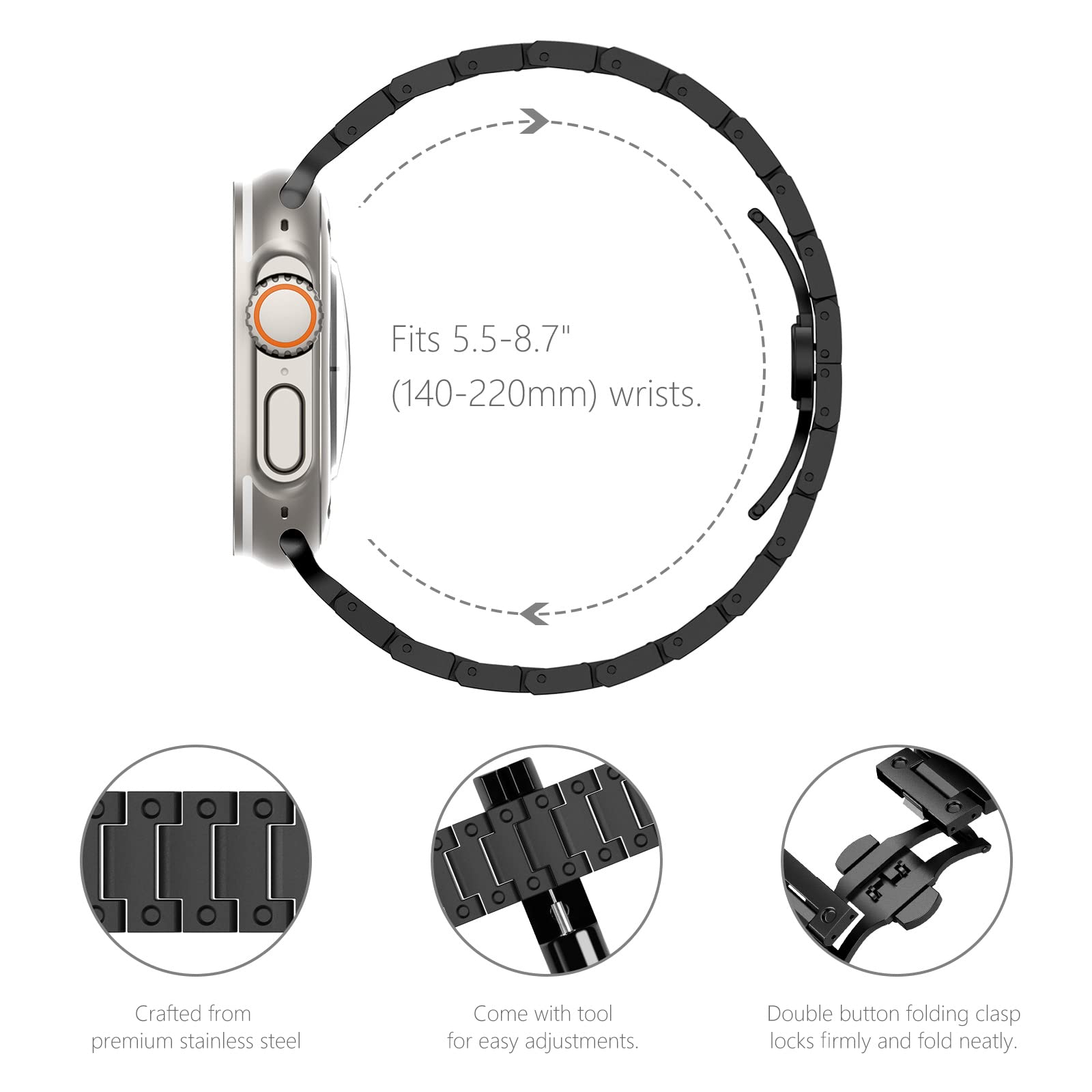 NewWays NewWays Metal Band for Apple Watch Ultra 2 49mm Series 9 8 7 SE 6 5 4 3 Stainless Steel Link Band G-Black - View 5 of 7