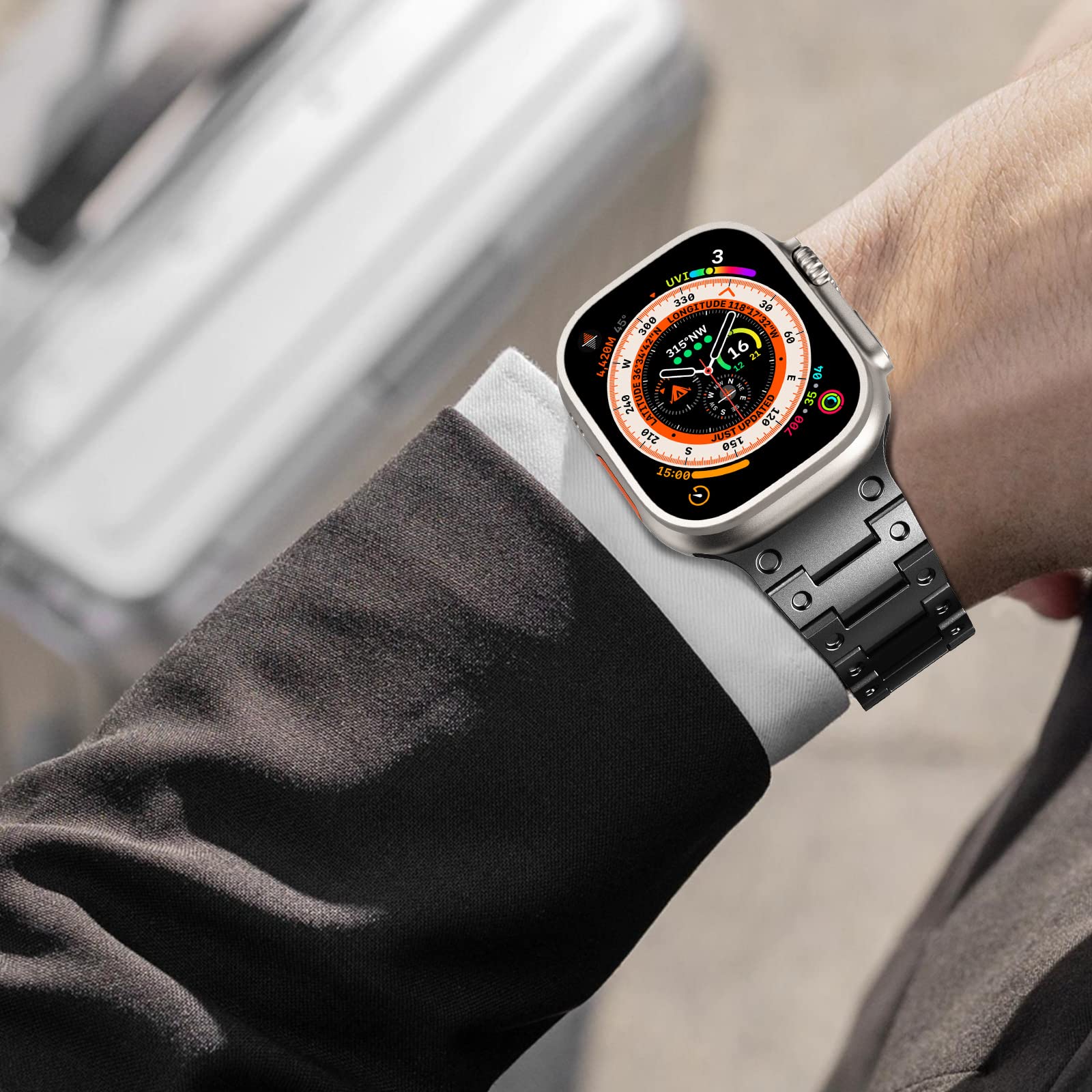 NewWays NewWays Metal Band for Apple Watch Ultra 2 49mm Series 9 8 7 SE 6 5 4 3 Stainless Steel Link Band G-Black - View 6 of 7