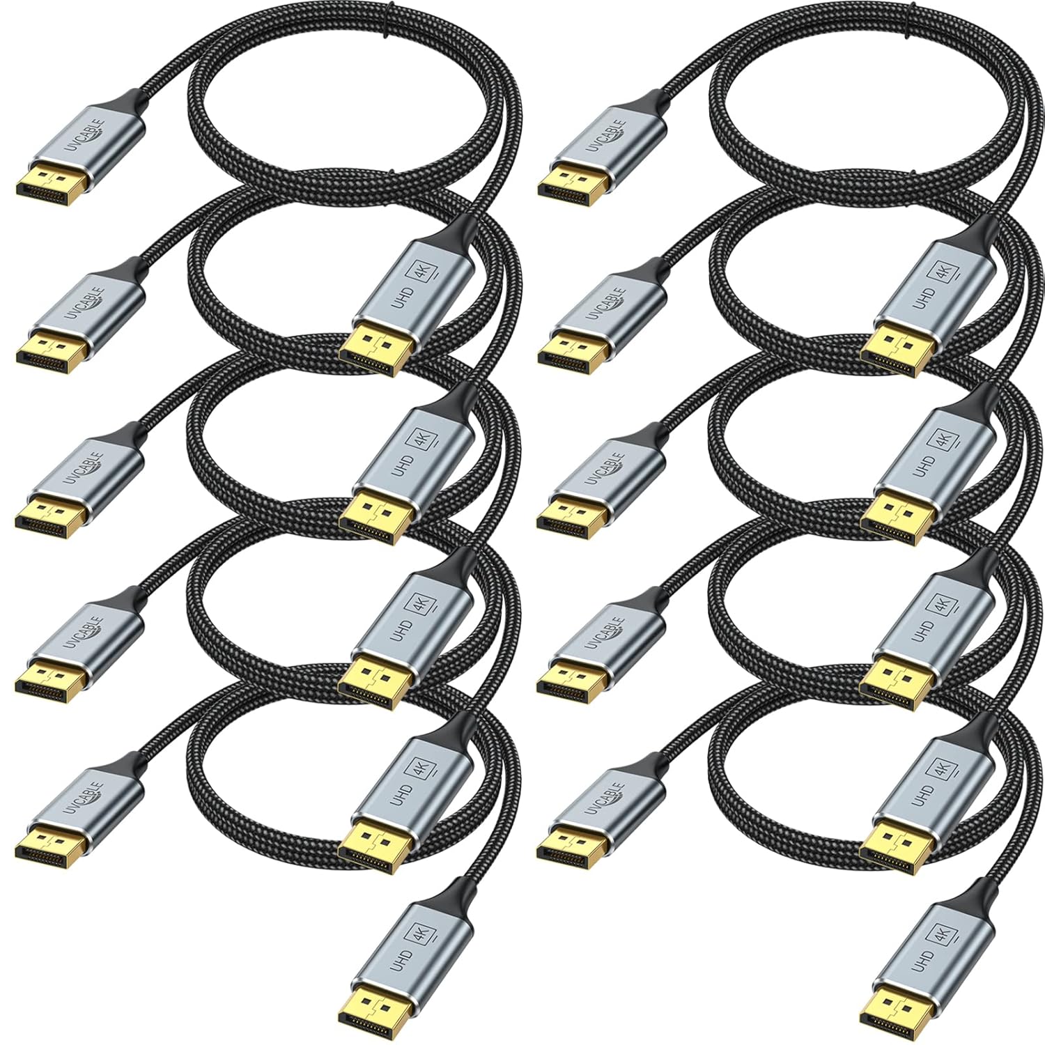 UV-CABLE DisplayPort Cables 10-Pack 6ft Braided DP to DP for Gaming Monitors 4K 60Hz HDR 10Bit Color Depth Compatible with PC Laptop and Docking Station