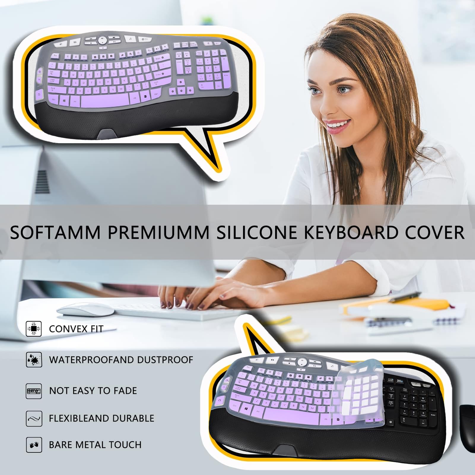 Softamm Logitech K350 MK550 MK570 Keyboard Cover Waterproof Silicone Protector Gradient Purple - View 2 of 6