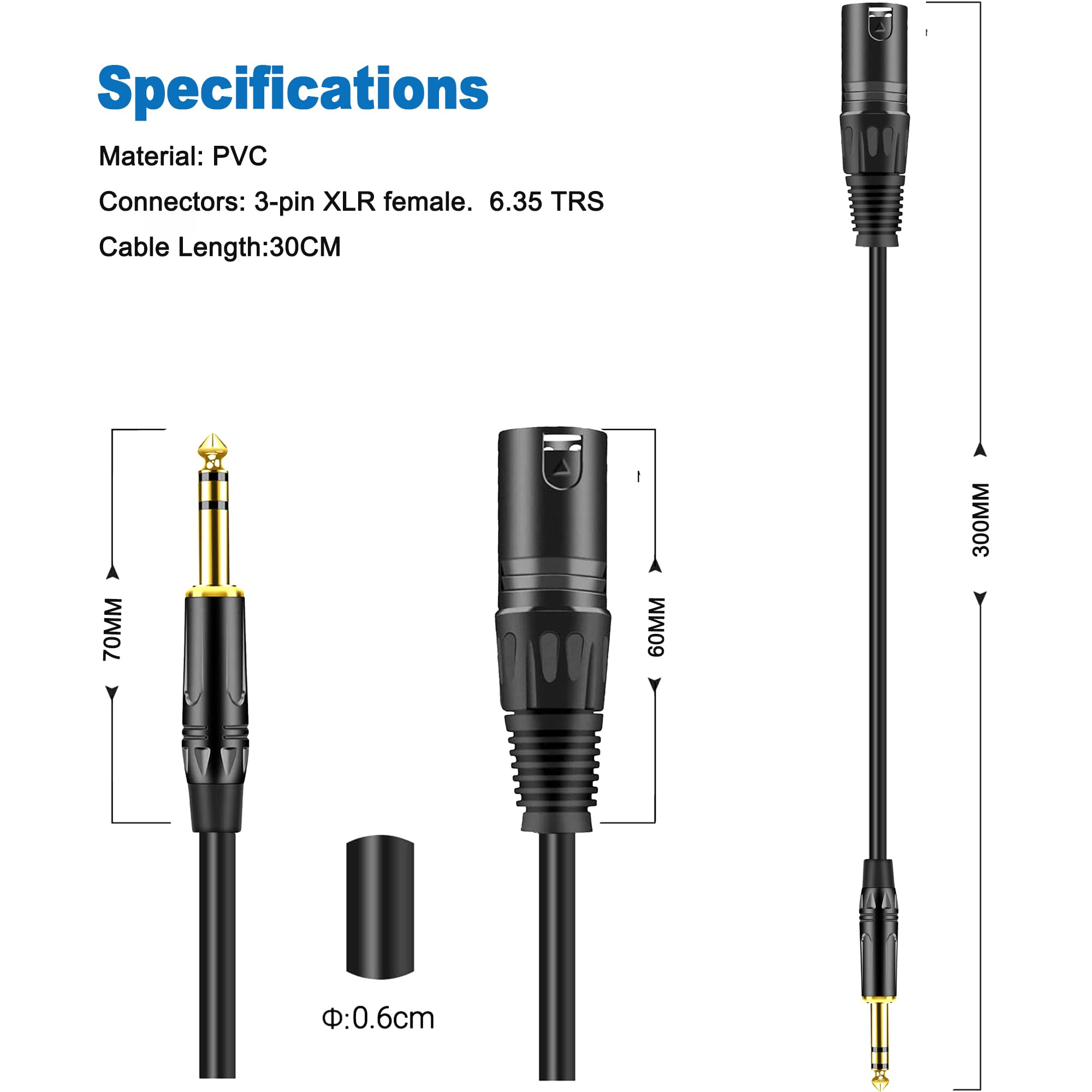 LanSenSu XLR to 1 4 TRS Stereo Adapter,XLR Male to 1 4 Inch (6.35mm) Stereo Balanced Microphone Stereo Audio Converter AdapterCable 2Pack- 11.8inch - View 2 of 7