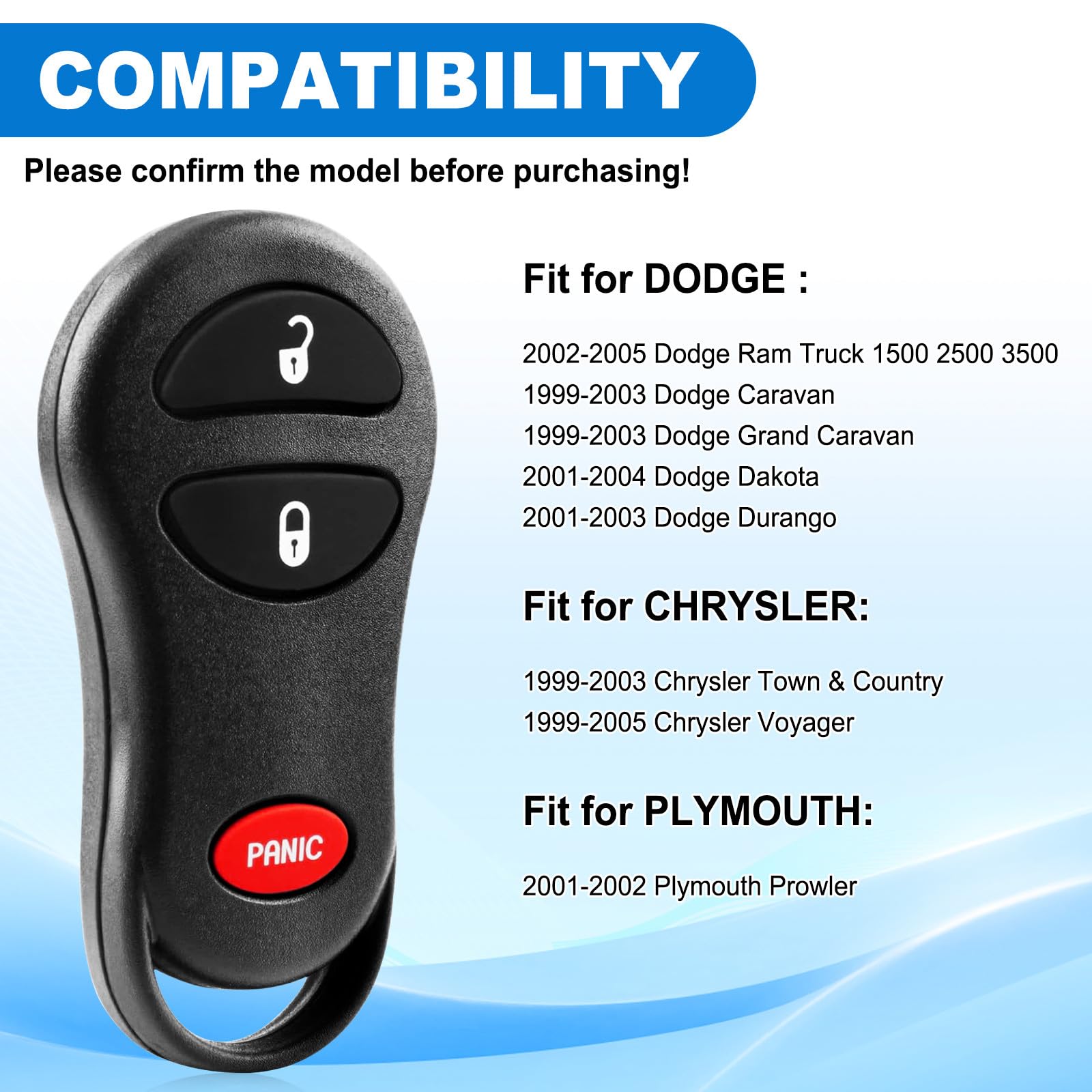 Key Fob for Dodge: Car Key for 1999-2003 Chrysler Town and Country, 2002-2005 Dodge Ram Truck 1500 2500, 1999-2003 Dodge Caravan, 2001-2003 Dodge - View 3 of 8