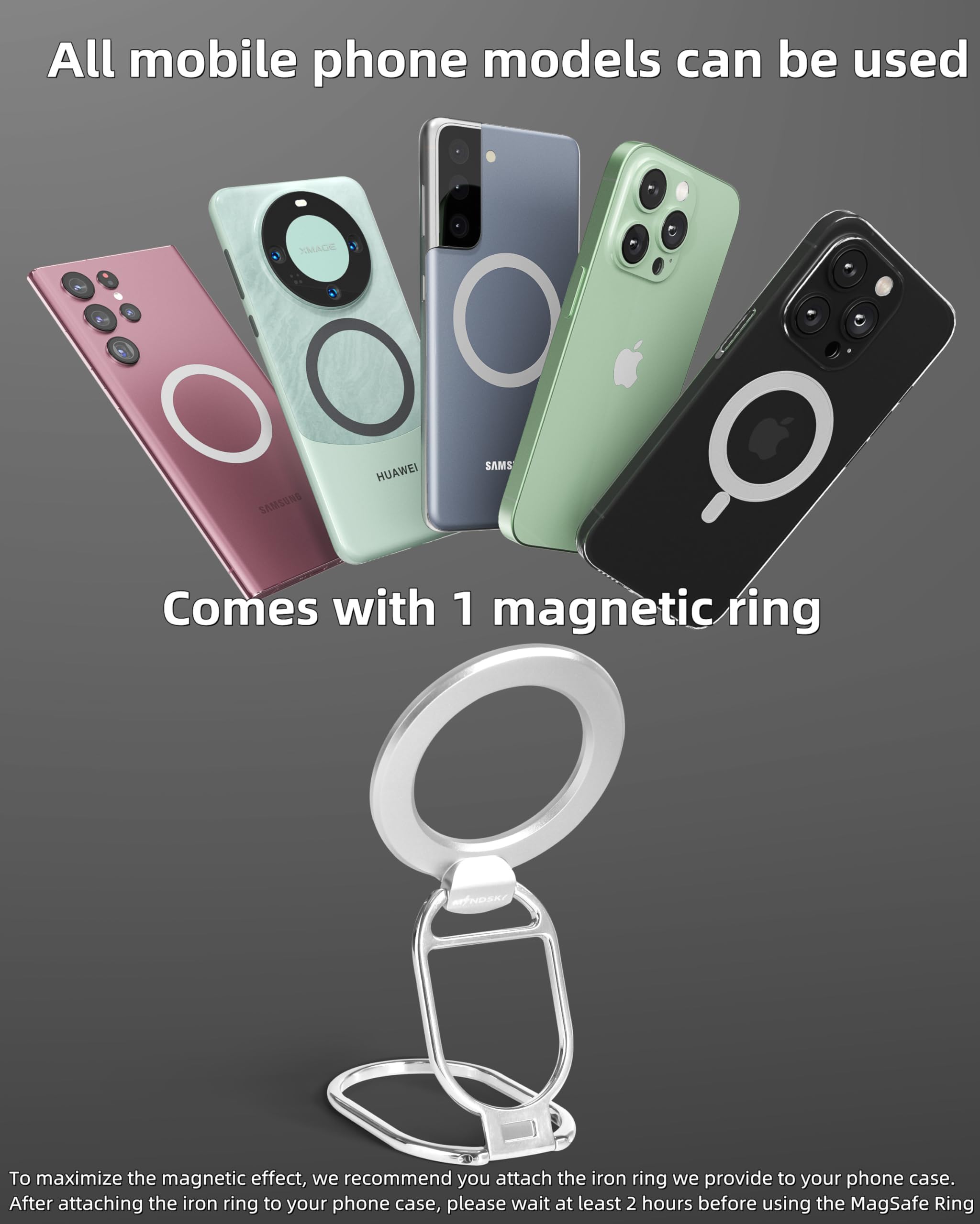 MINDSKY Phone Stand Phone Grip Compatible with iPhone 12 13 14 15 Mini Pro Pro Max Accessories Removable Magnetic Finger Phone Ring Grip (Silver) - View 5 of 7