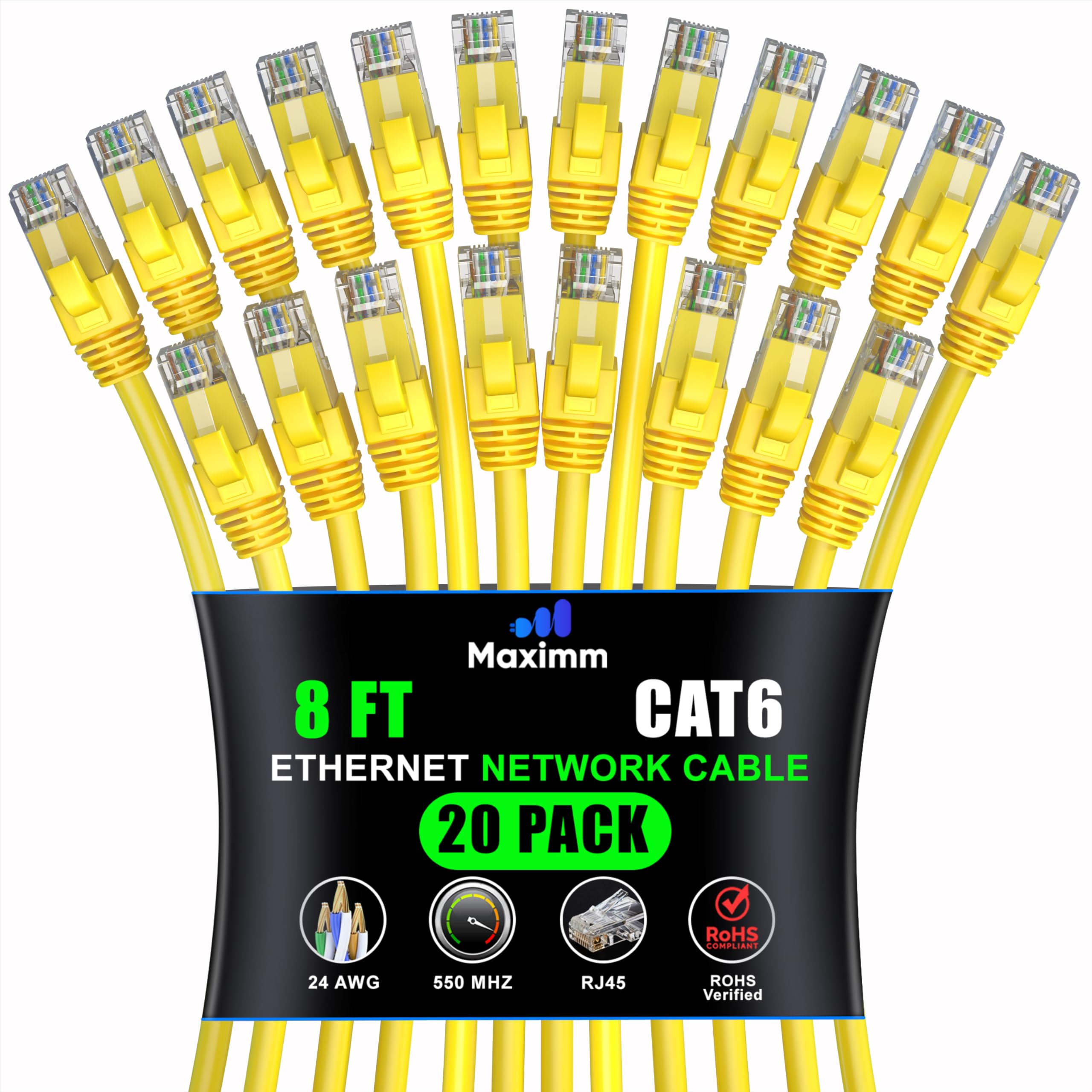 Maximm Cat 6 Ethernet Cable 8ft (20-Pack) - High-Speed 10Gbps LAN & Network Cables - Yellow UTP Patch Cords