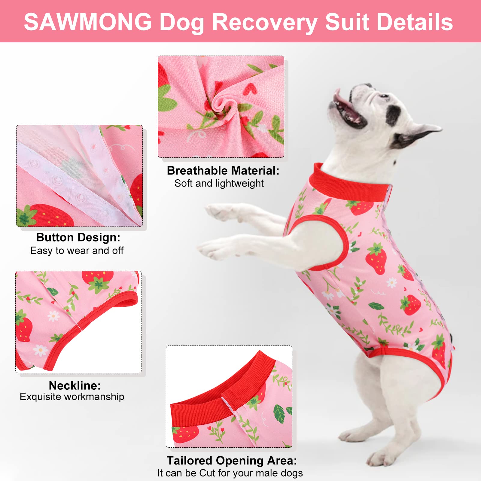 SAWMONG SAWMONG 2 Pack Recovery Suit for Dogs Surgical Suit Spay Neuter E Collar Strawberry Peach Size S - View 2 of 9