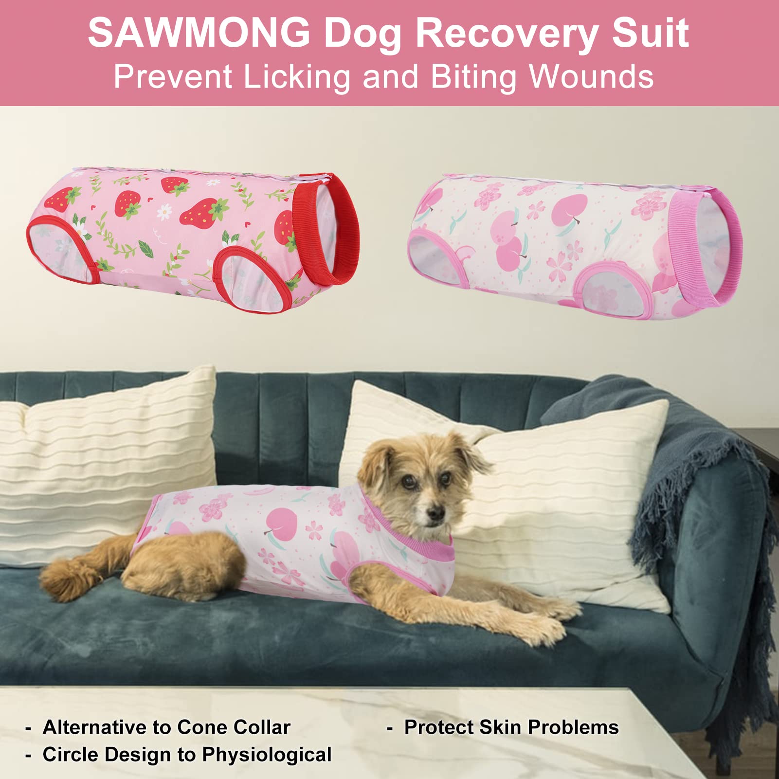 SAWMONG SAWMONG 2 Pack Recovery Suit for Dogs Surgical Suit Spay Neuter E Collar Strawberry Peach Size S - View 4 of 9