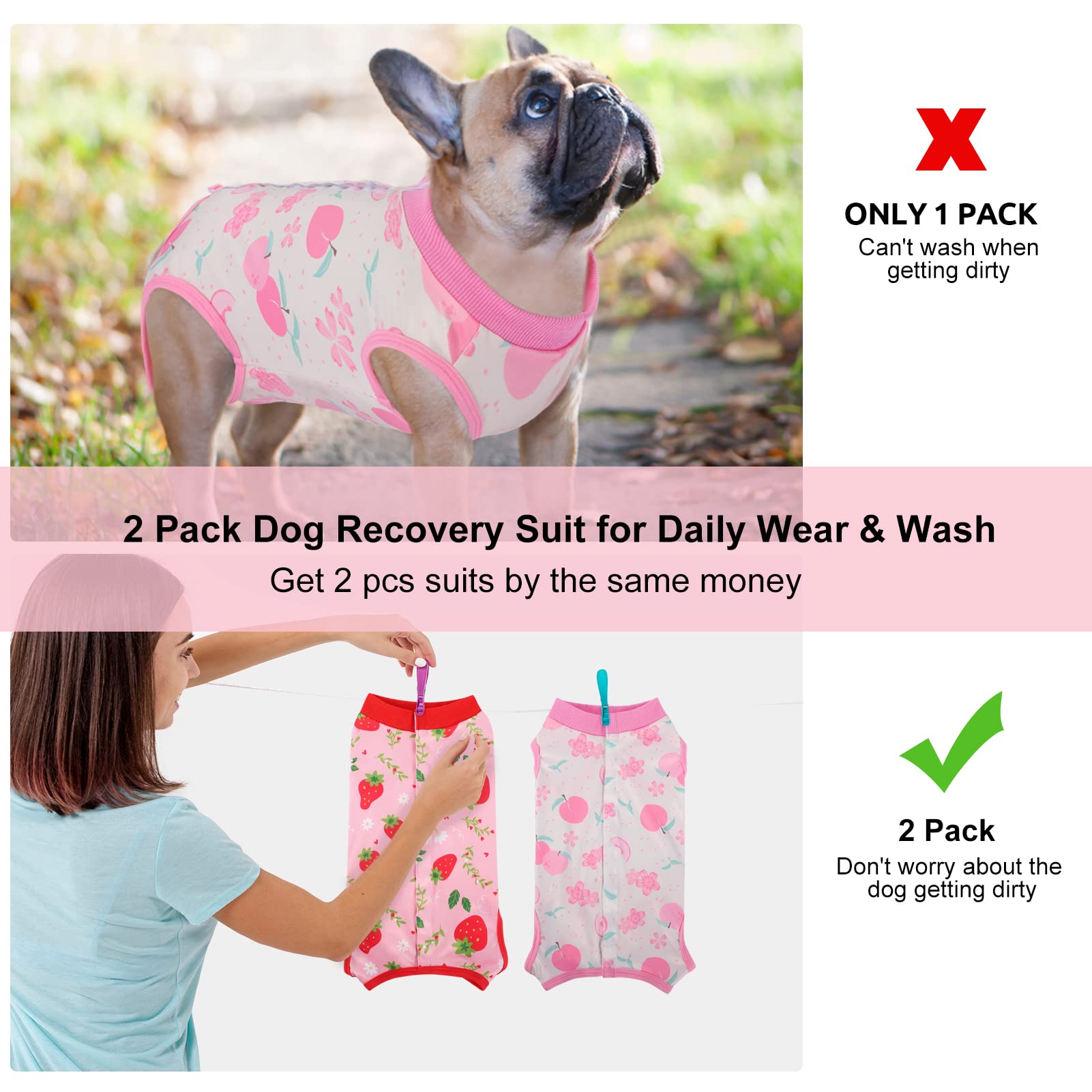 SAWMONG SAWMONG 2 Pack Recovery Suit for Dogs Surgical Suit Spay Neuter E Collar Strawberry Peach Size S - View 6 of 9