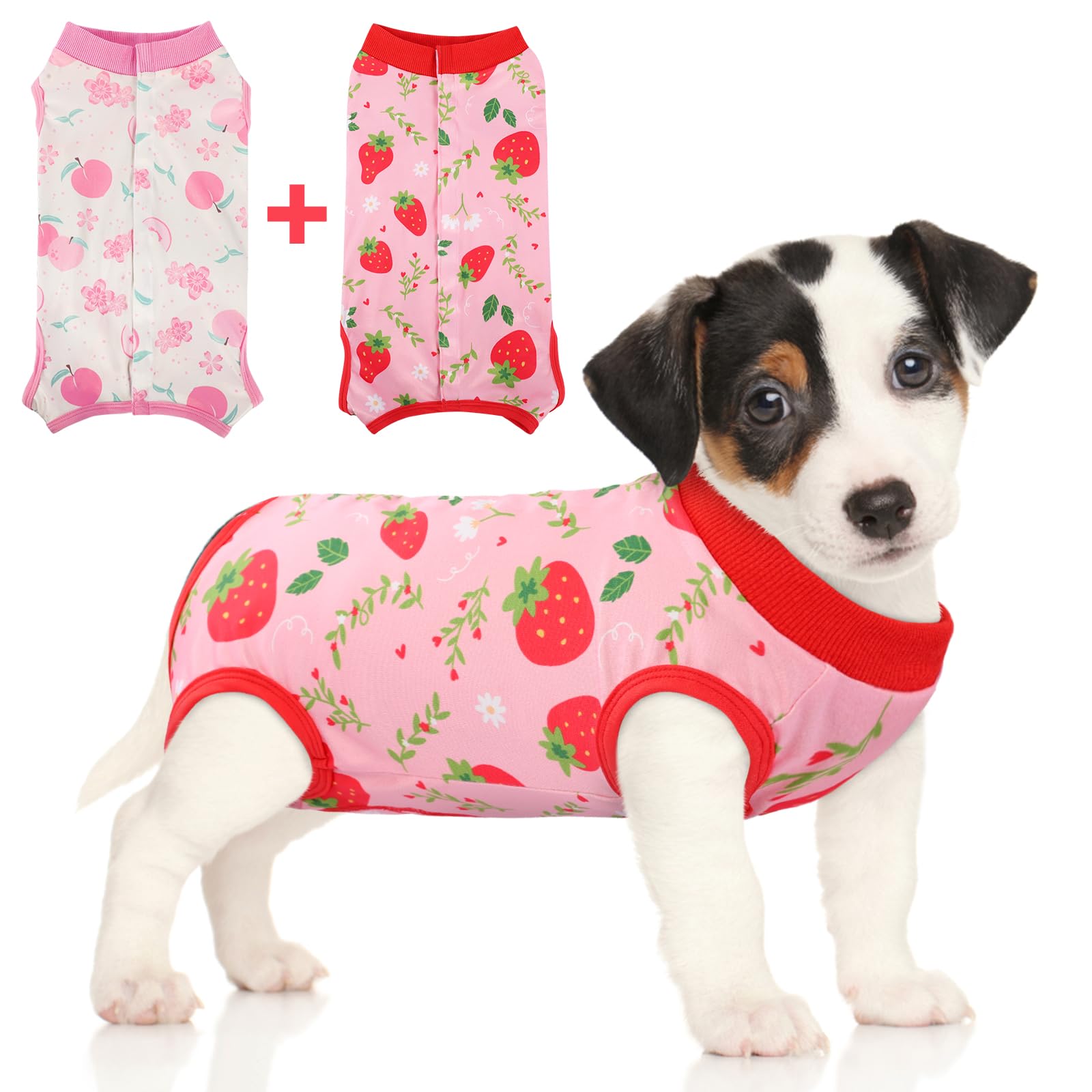 SAWMONG SAWMONG 2 Pack Recovery Suit for Dogs Surgical Suit Spay Neuter E Collar Strawberry Peach Size S