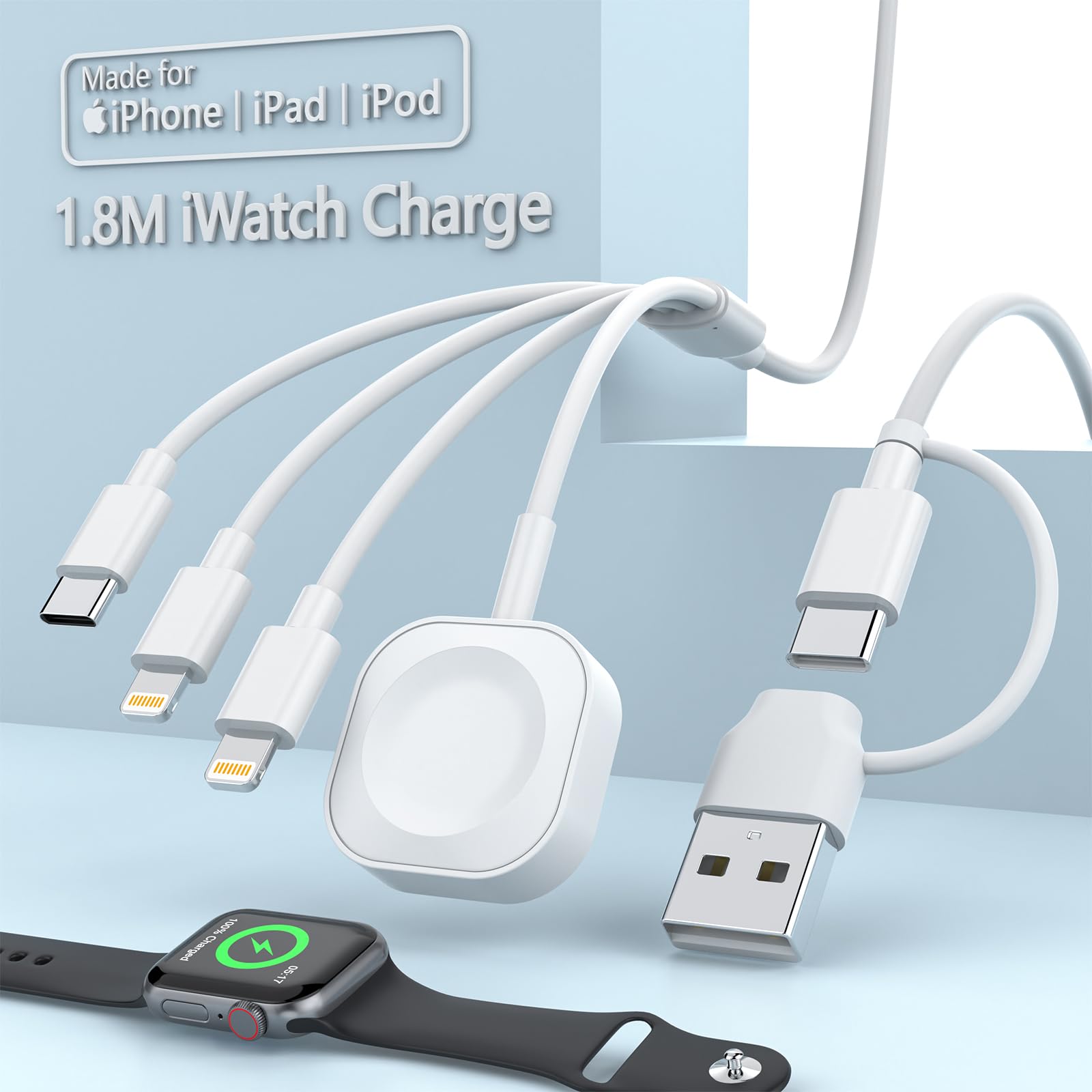 Travel Multi 6-in-1 Universal Charger Cable,USB A Type C iWatch Charger+Lightning*2+Type C Cord Adapter Combo for Smart Watch Series 9 8 7 6 5 4 3 2