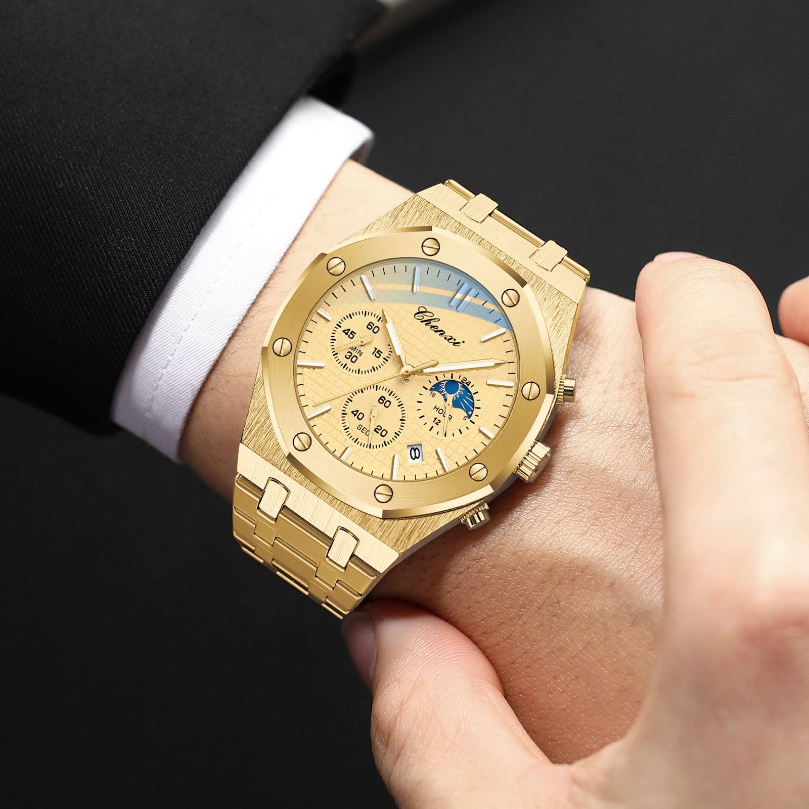 Gosasa Luxury Men's Gold Chronograph Business Quartz Watch Waterproof Stainless Steel Strap Luminous Fashion Wristwatch - View 4 of 8
