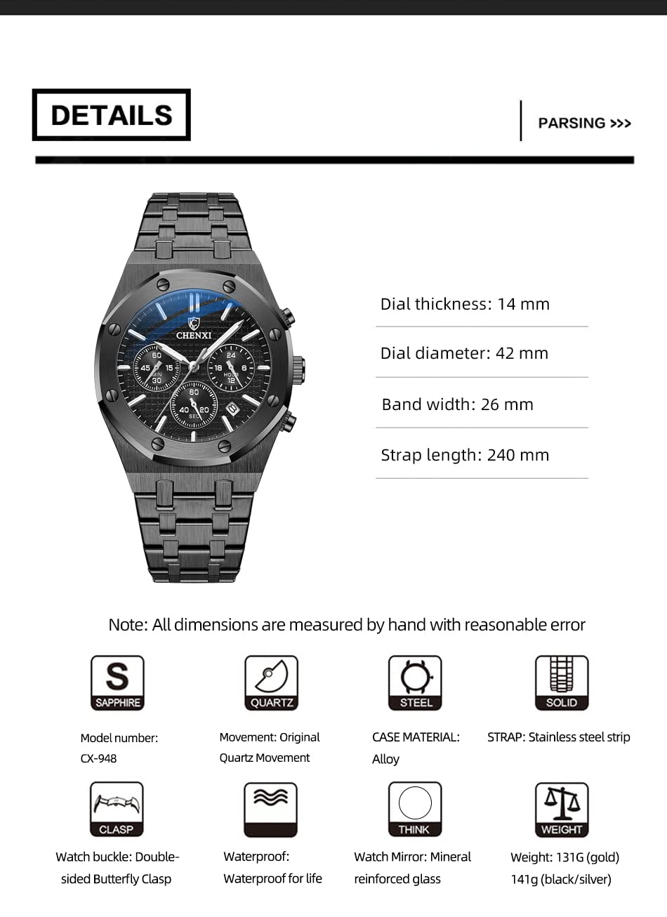 Gosasa Luxury Men's Gold Chronograph Business Quartz Watch Waterproof Stainless Steel Strap Luminous Fashion Wristwatch - View 8 of 8