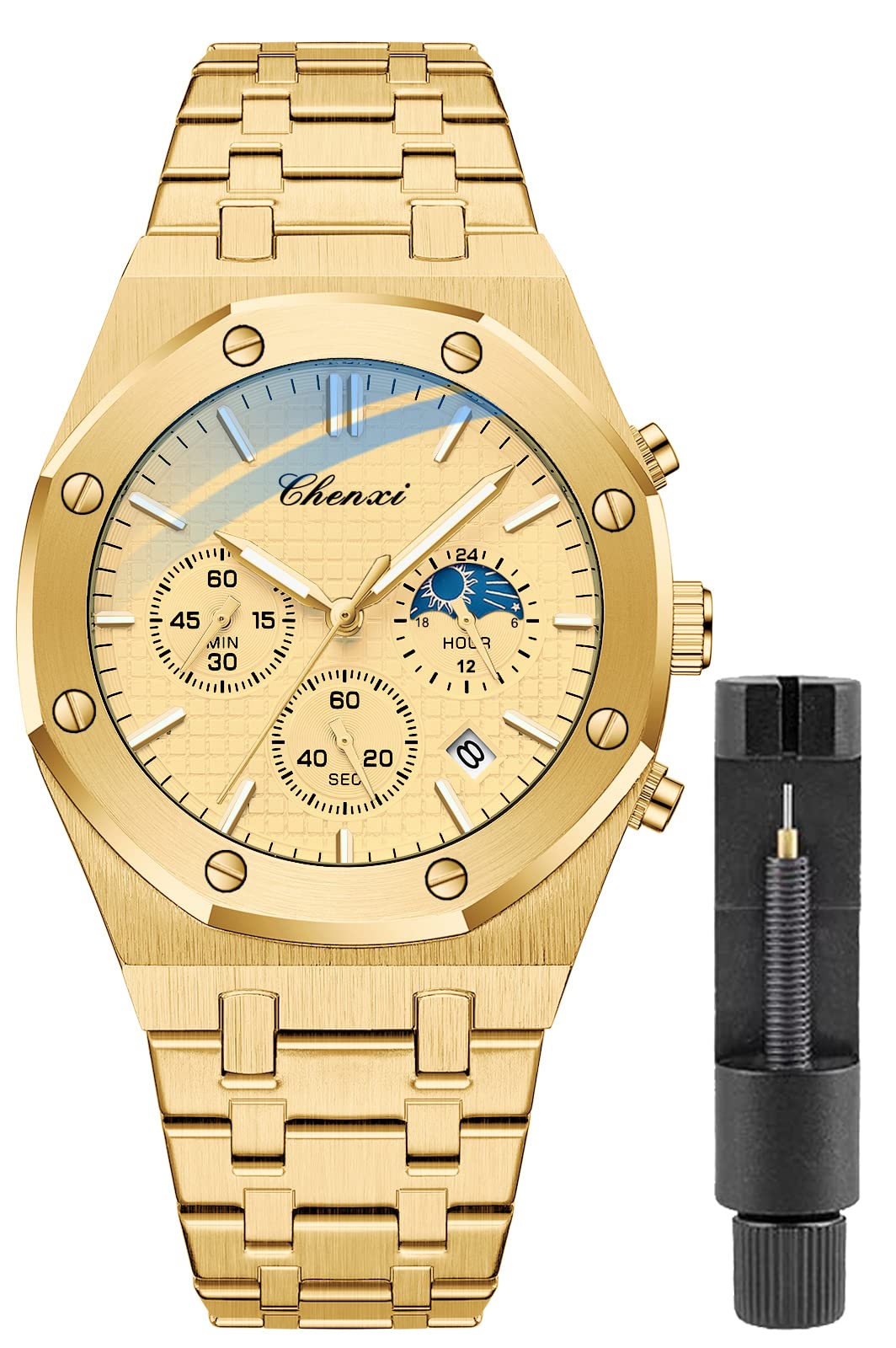 Gosasa Luxury Men's Gold Chronograph Business Quartz Watch Waterproof Stainless Steel Strap Luminous Fashion Wristwatch