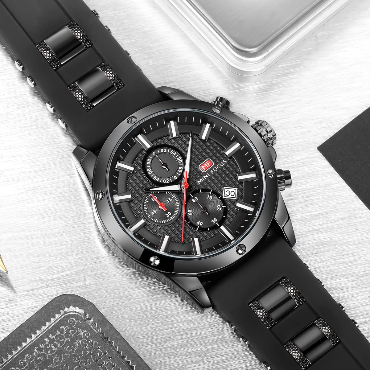 MF MINI FOCUS Mini Focus Men's All-Black Casual Sports Watch Chronograph Waterproof Luminous Calendar Silicon Band Fashion Quartz Timepiece - View 2 of 6