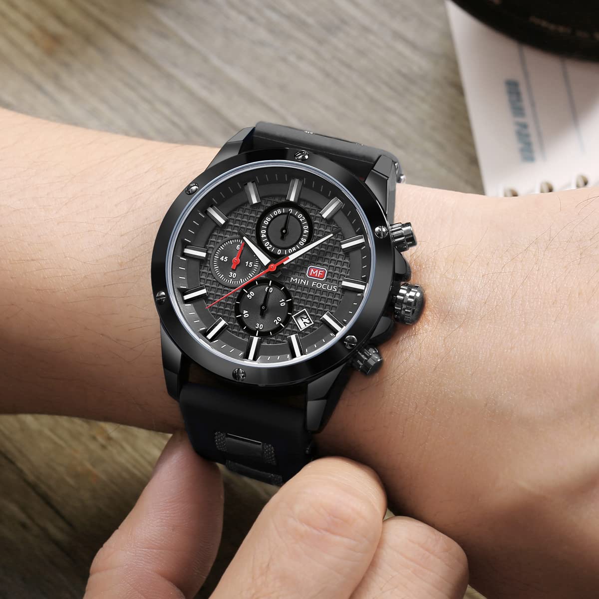 MF MINI FOCUS Mini Focus Men's All-Black Casual Sports Watch Chronograph Waterproof Luminous Calendar Silicon Band Fashion Quartz Timepiece - View 3 of 6