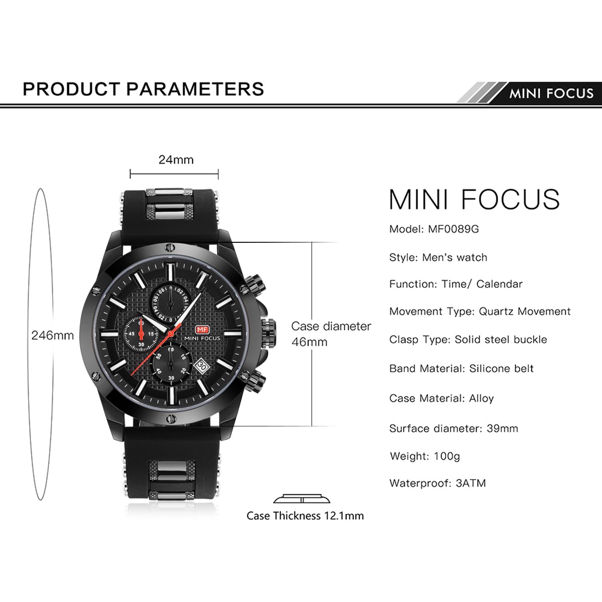 MF MINI FOCUS Mini Focus Men's All-Black Casual Sports Watch Chronograph Waterproof Luminous Calendar Silicon Band Fashion Quartz Timepiece - View 6 of 6