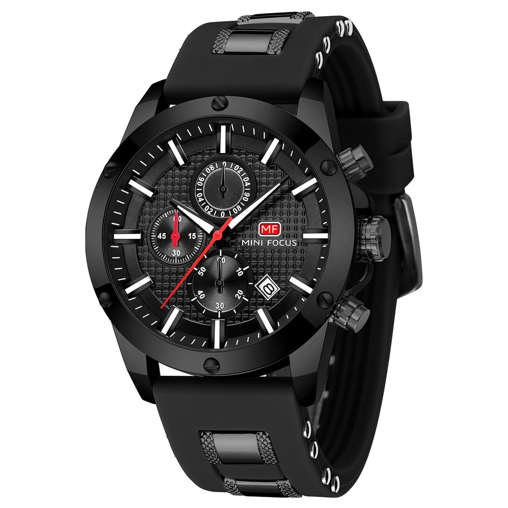 MF MINI FOCUS Mini Focus Men's All-Black Casual Sports Watch Chronograph Waterproof Luminous Calendar Silicon Band Fashion Quartz Timepiece