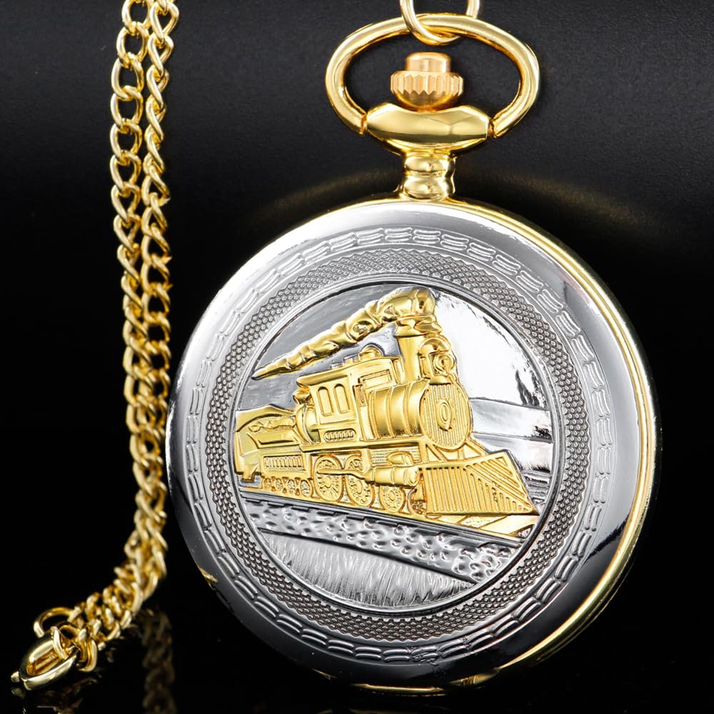 Mens Vintage Pocket Watch with Arabic Numbers Steam Train Design Quartz Gift for Kids Christmas Graduation Birthday Gold Silver CF1235 - View 2 of 7