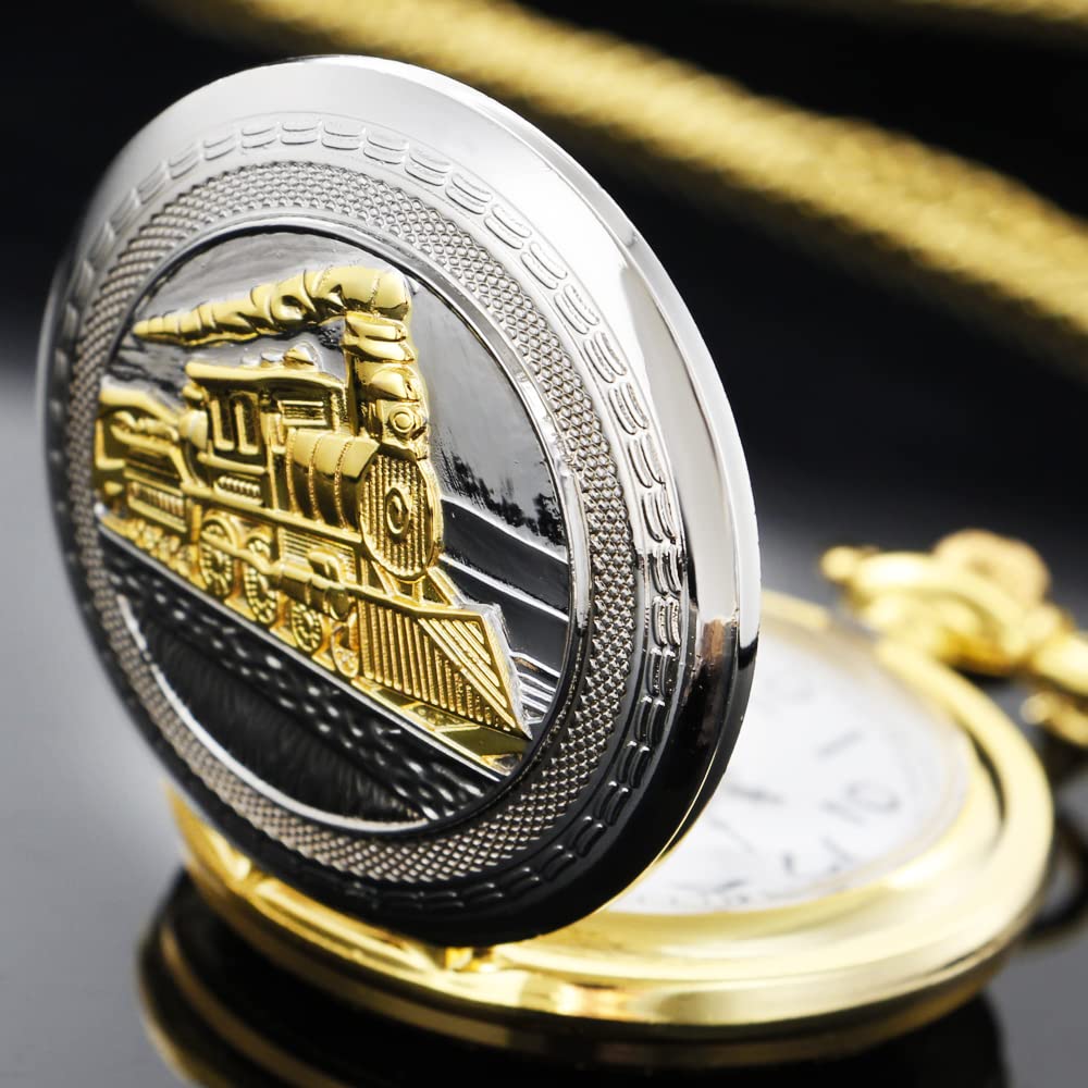 Mens Vintage Pocket Watch with Arabic Numbers Steam Train Design Quartz Gift for Kids Christmas Graduation Birthday Gold Silver CF1235 - View 4 of 7